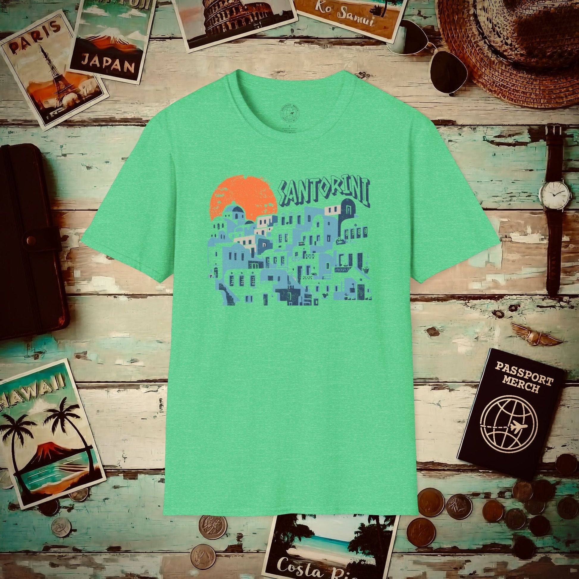 Santorini Shadows, Greece T-Shirt Heather Irish Green / S