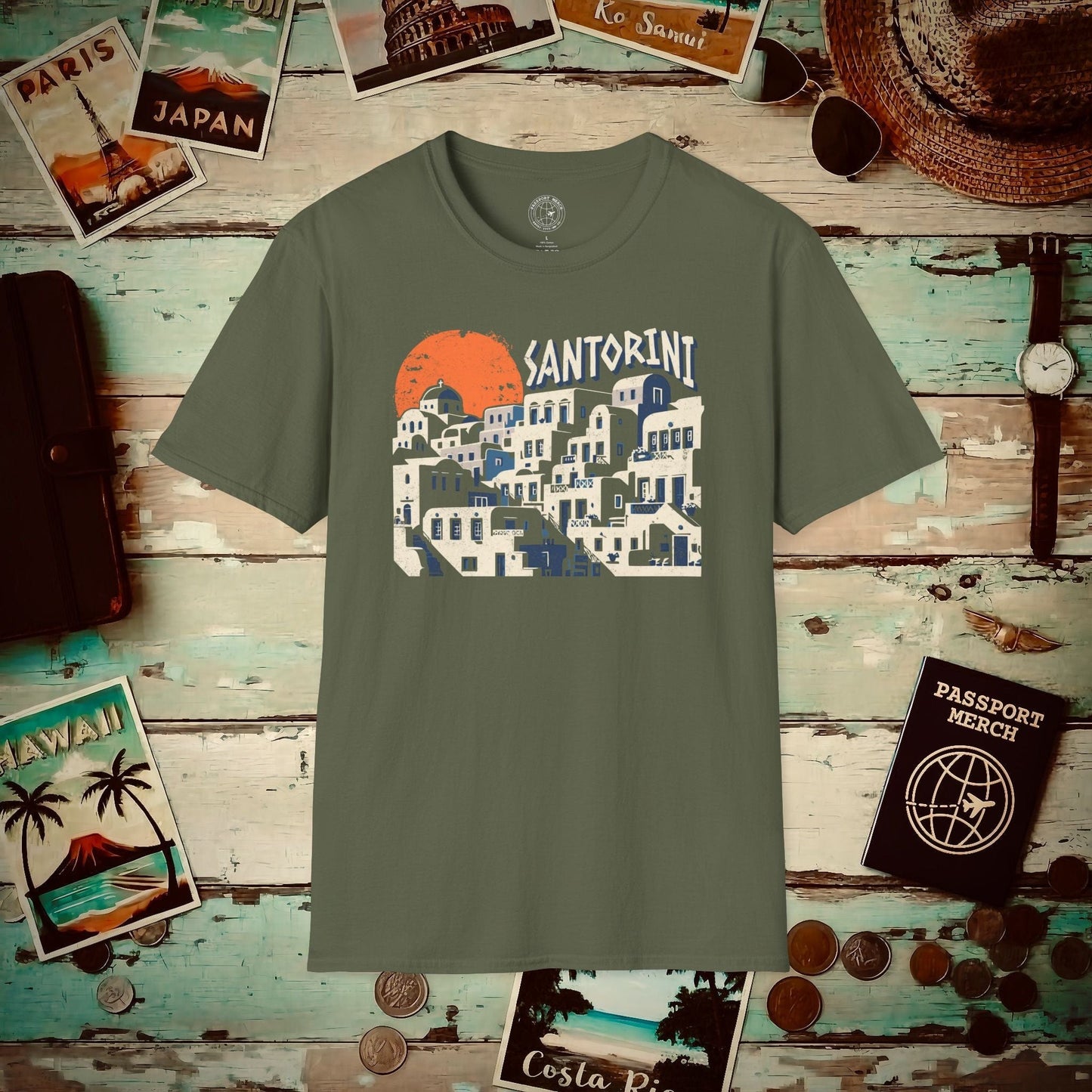 Santorini Shadows, Greece T-Shirt Military Green / S