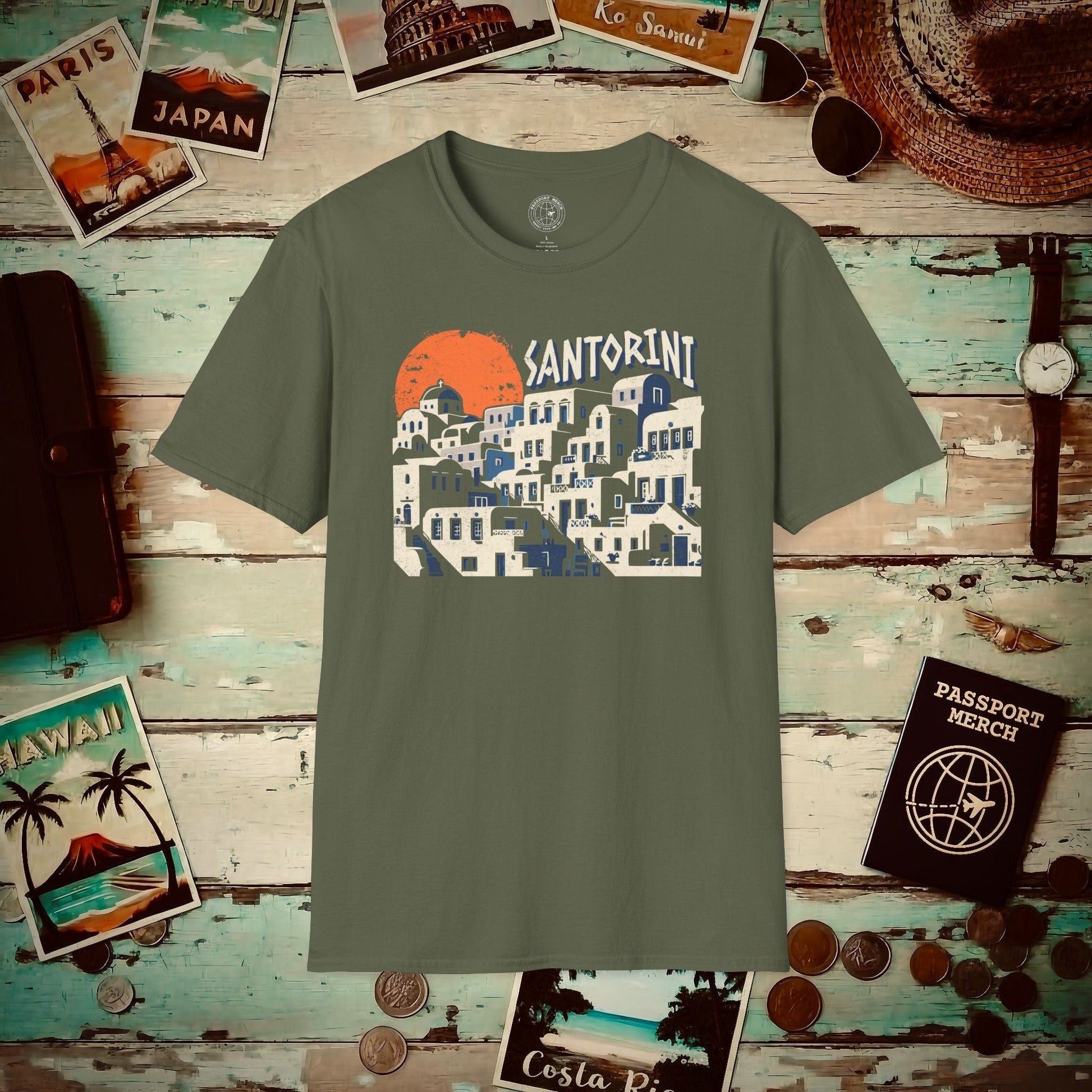 Santorini Shadows, Greece T-Shirt Military Green / S