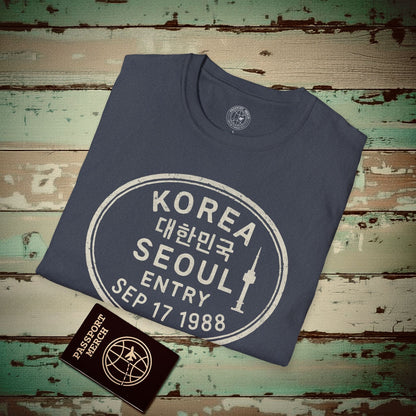Seoul, Korea - Vintage Passport Stamp T-Shirt Heather Navy / S