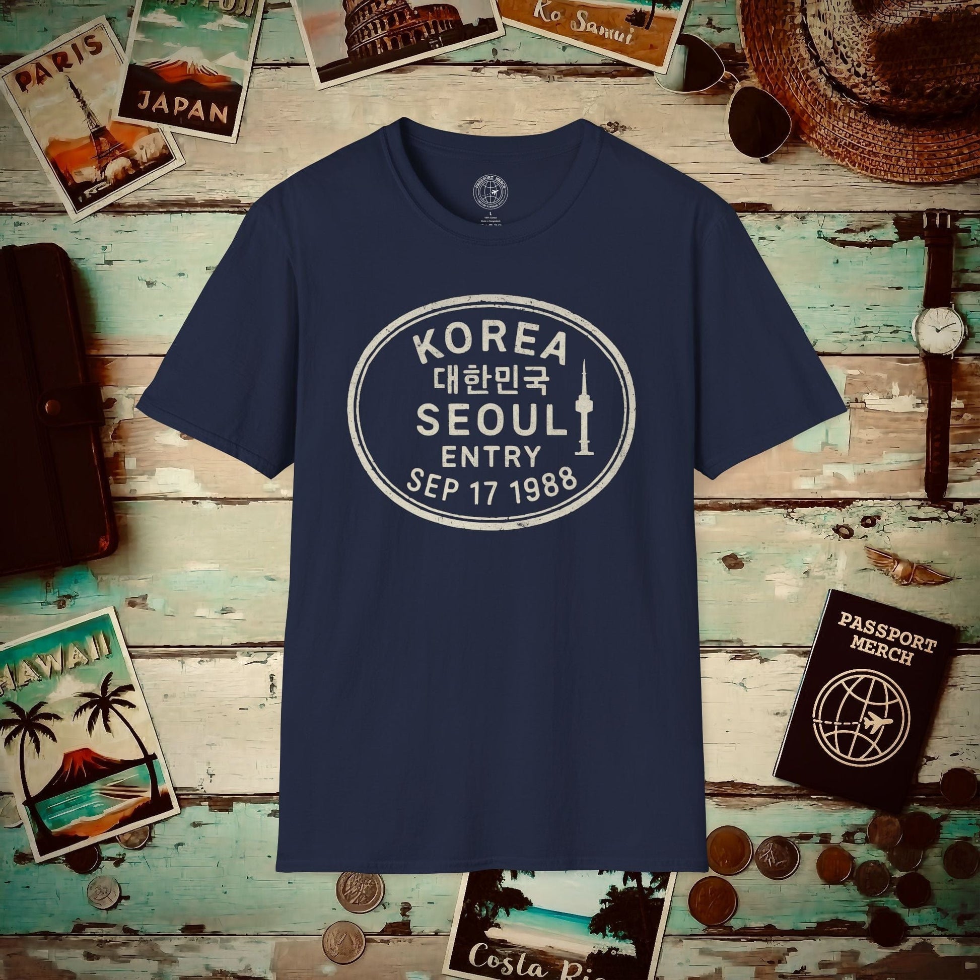 Seoul, Korea - Vintage Passport Stamp T-Shirt Navy / S