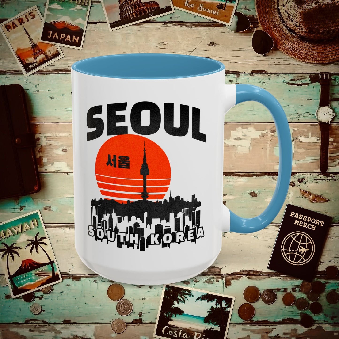 Seoul Retro Vintage Sunset, Korea 15oz Mug Light Blue / 15oz