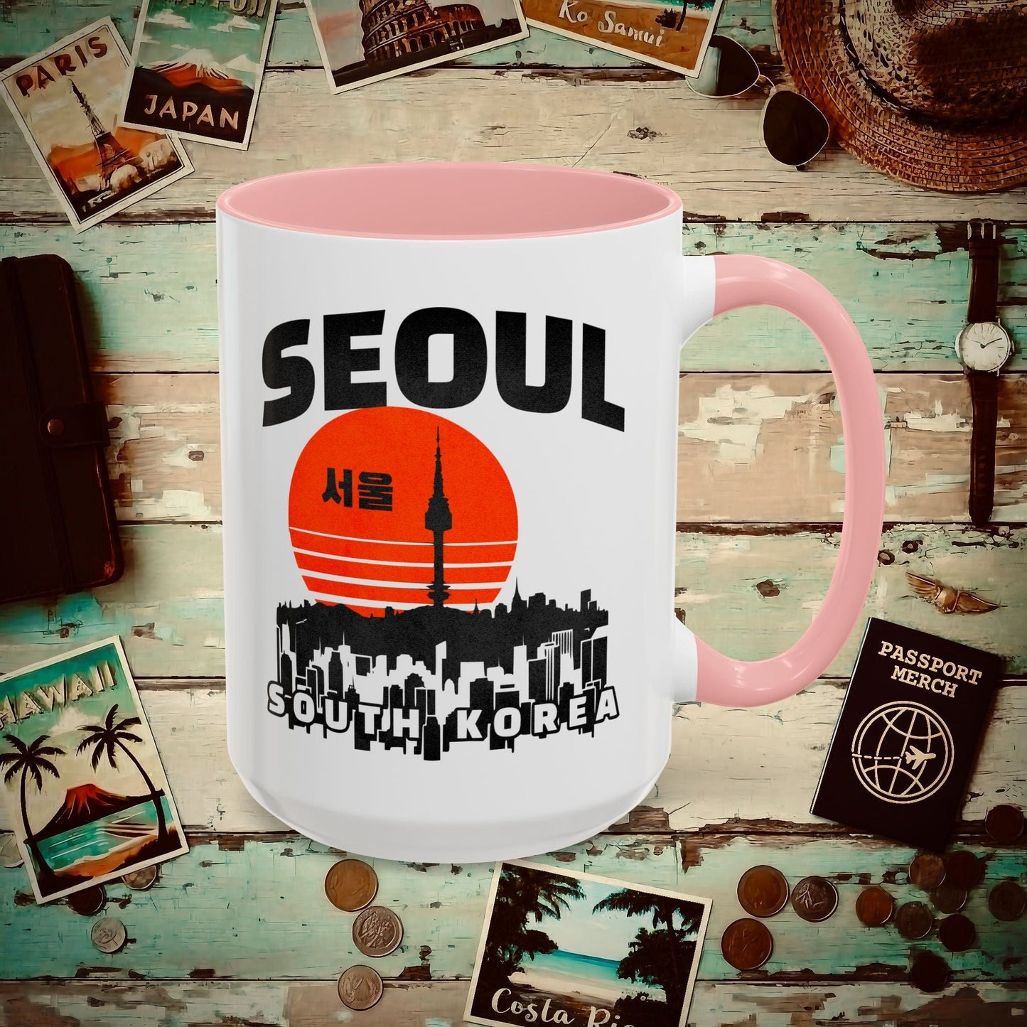 Seoul Retro Vintage Sunset, Korea 15oz Mug Pink / 15oz