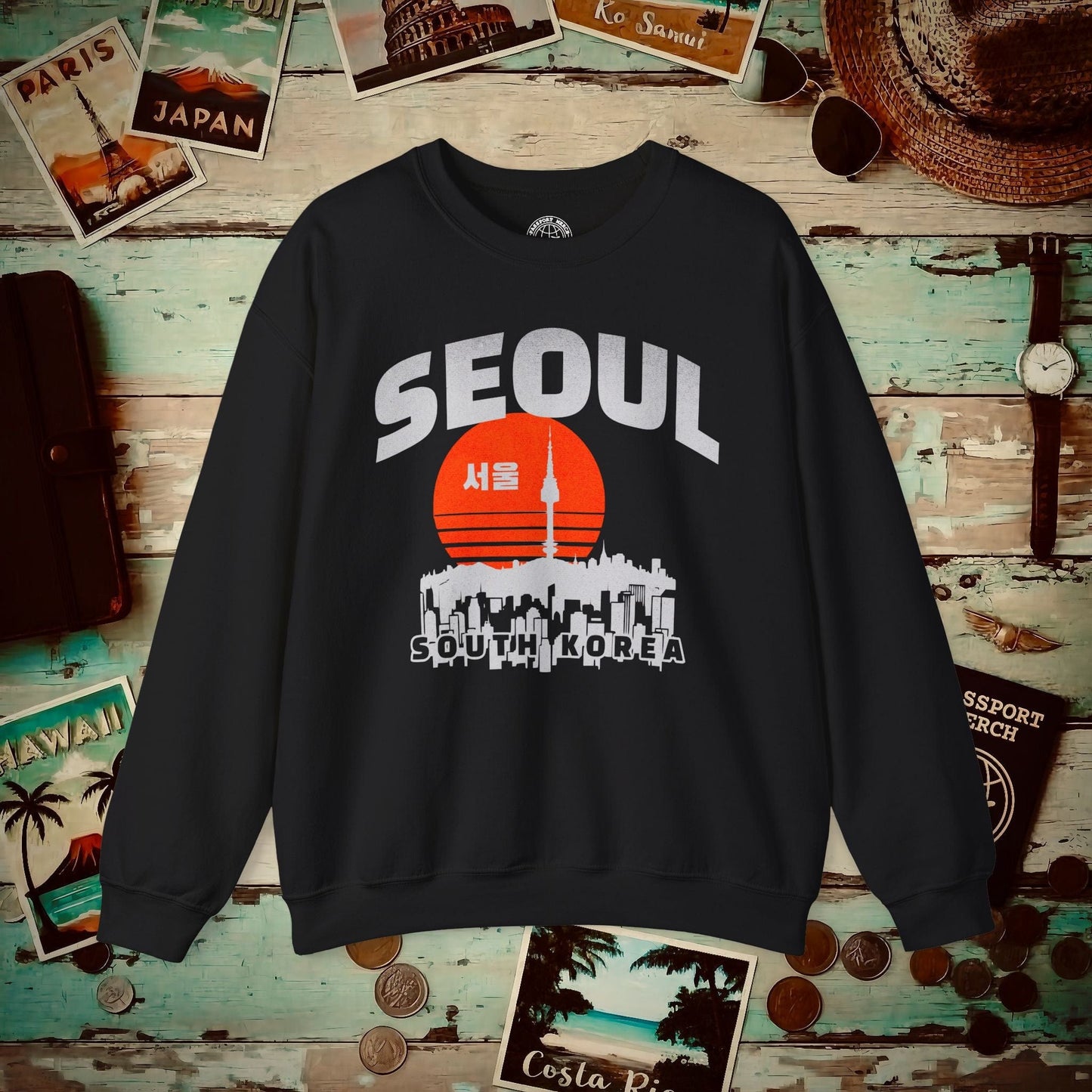Seoul Retro Vintage Sunset, Korea Crewneck Black / S