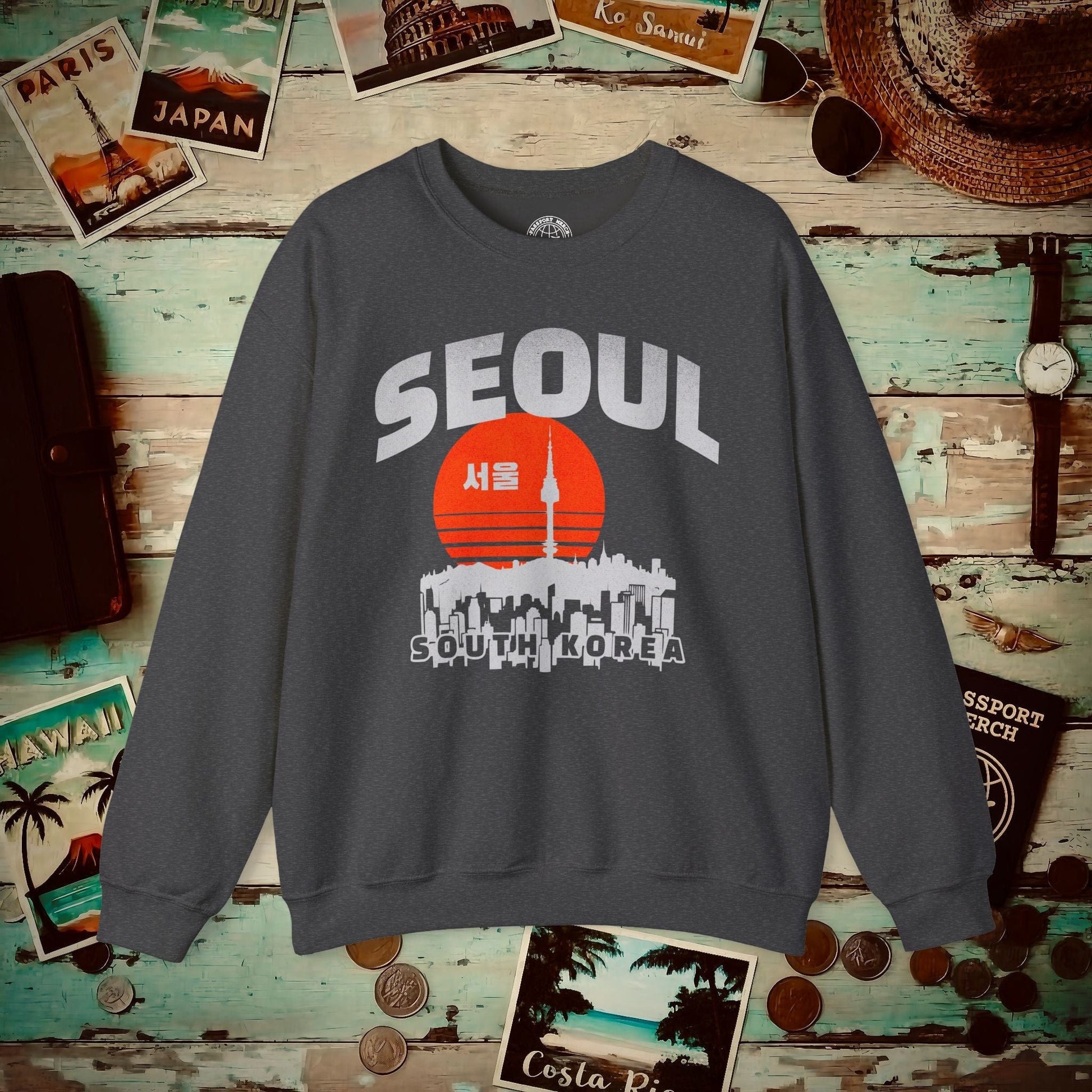 Seoul Retro Vintage Sunset, Korea Crewneck Dark Heather / S