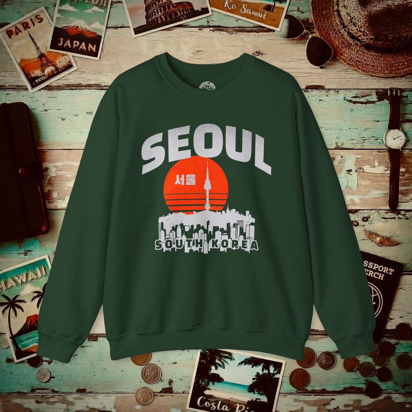 Seoul Retro Vintage Sunset, Korea Crewneck Forest Green / S