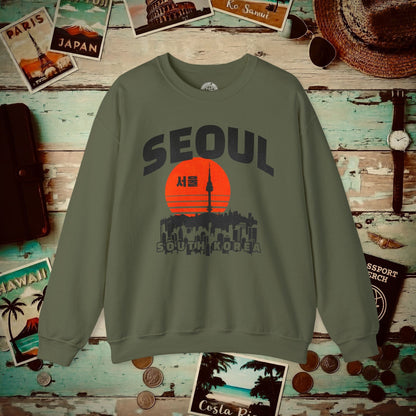 Seoul Retro Vintage Sunset, Korea Crewneck Military Green / S