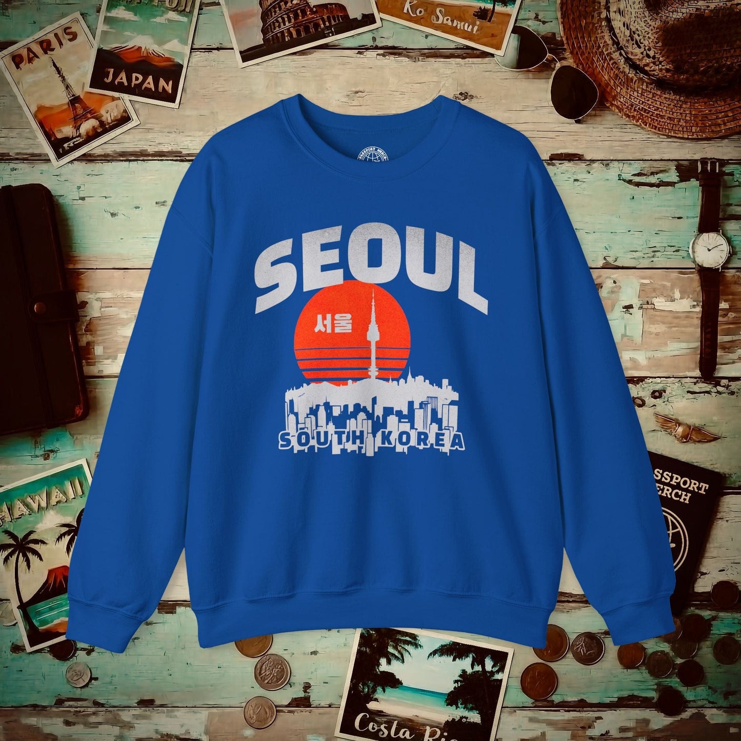 Seoul Retro Vintage Sunset, Korea Crewneck Royal / S