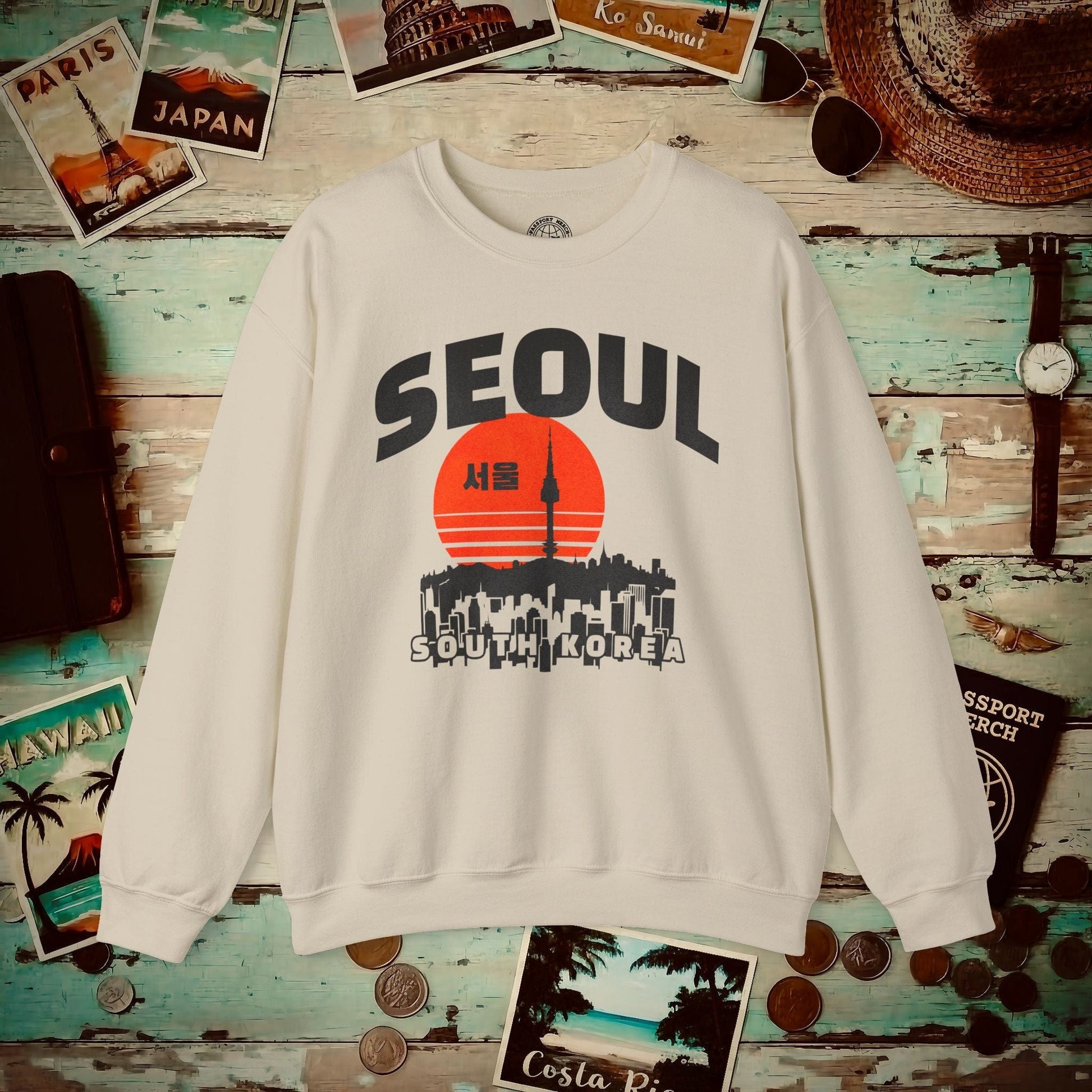 Seoul Retro Vintage Sunset, Korea Crewneck Sand / S