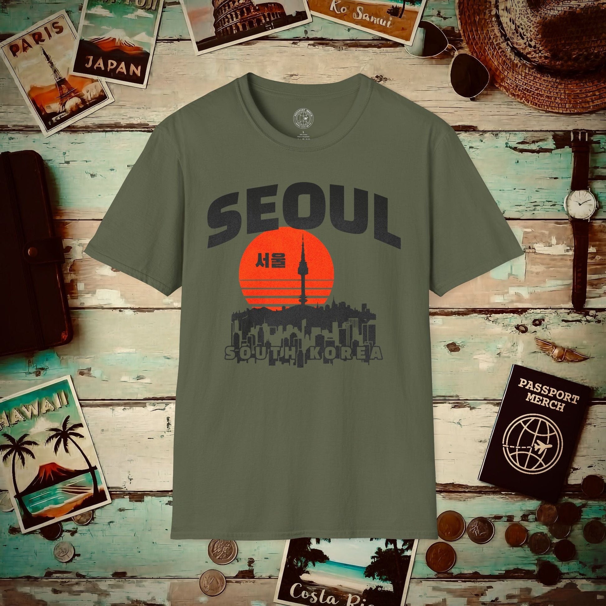 Seoul Retro Vintage Sunset, Korea T-Shirt Military Green / S