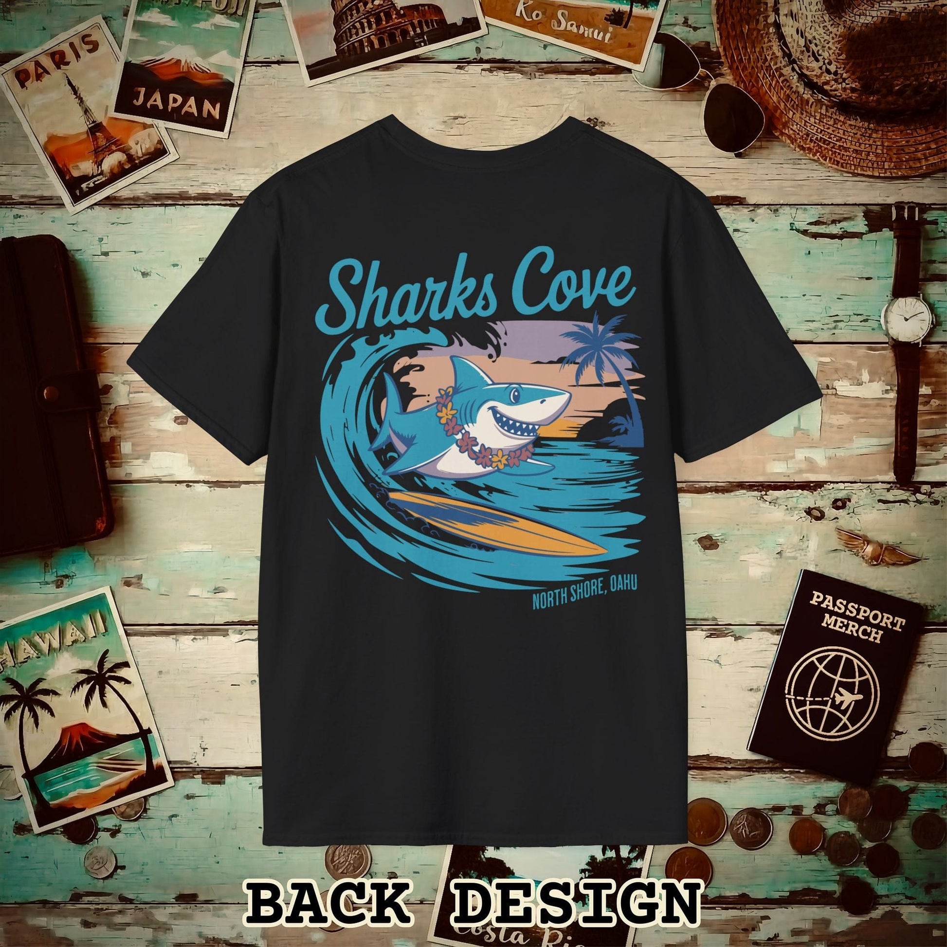 Sharks Cove Oahu, Hawaii, Back Print T-Shirt Black / S