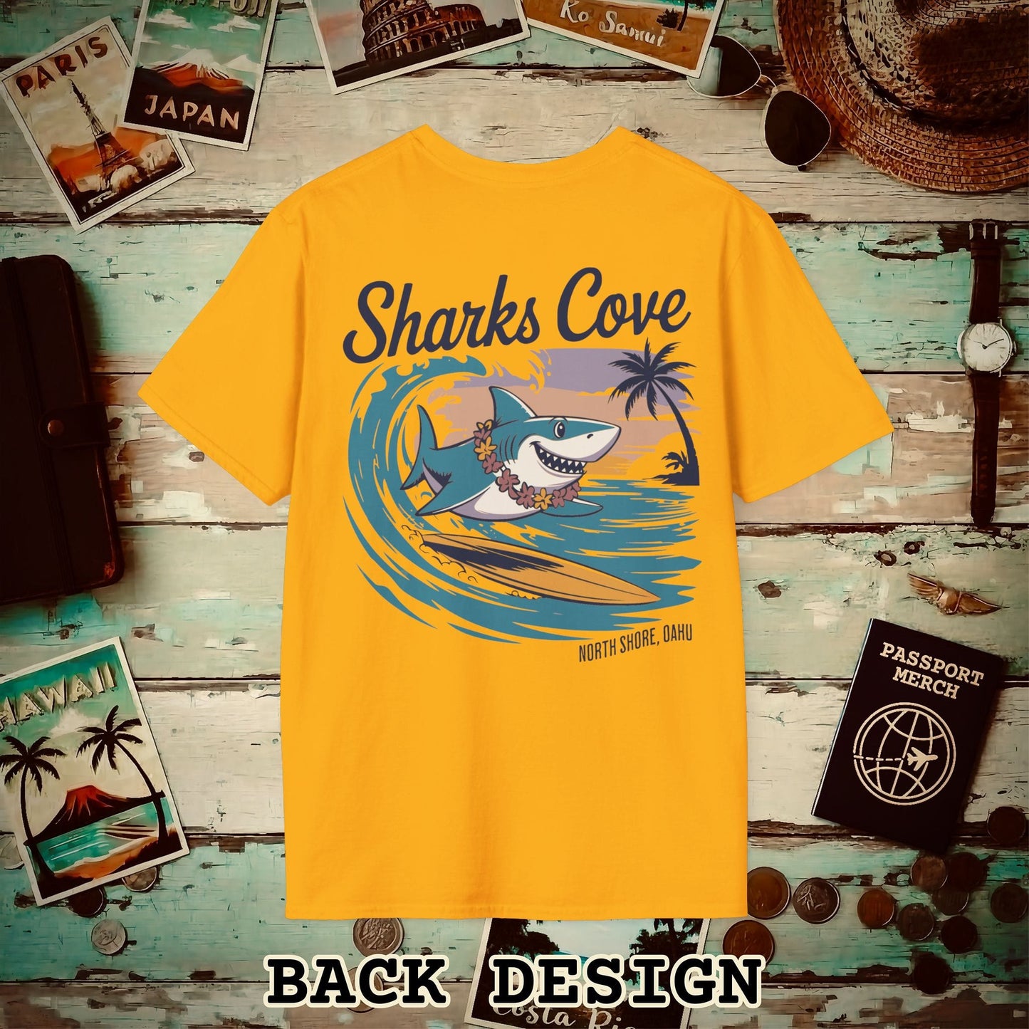 Sharks Cove Oahu, Hawaii, Back Print T-Shirt Gold / S