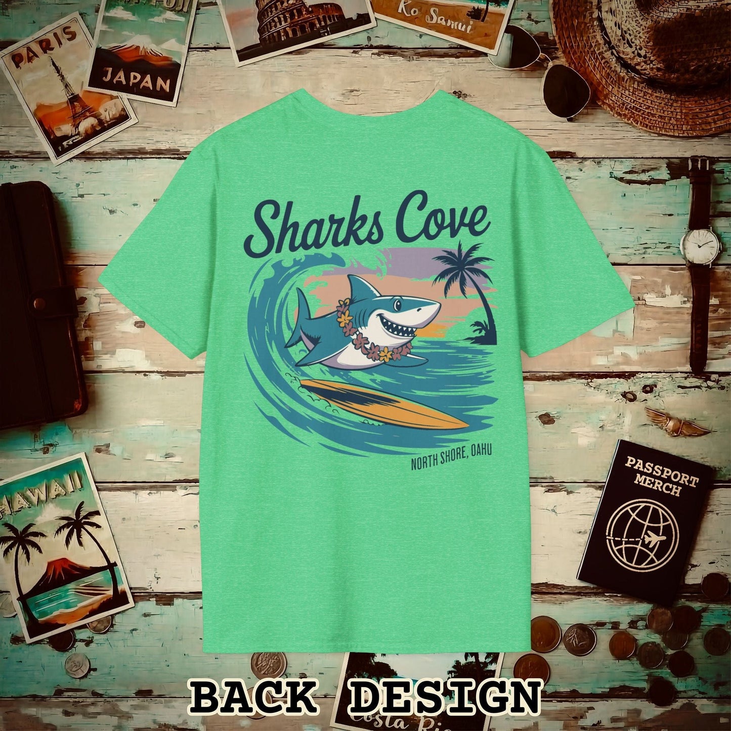 Sharks Cove Oahu, Hawaii, Back Print T-Shirt Heather Irish Green / S