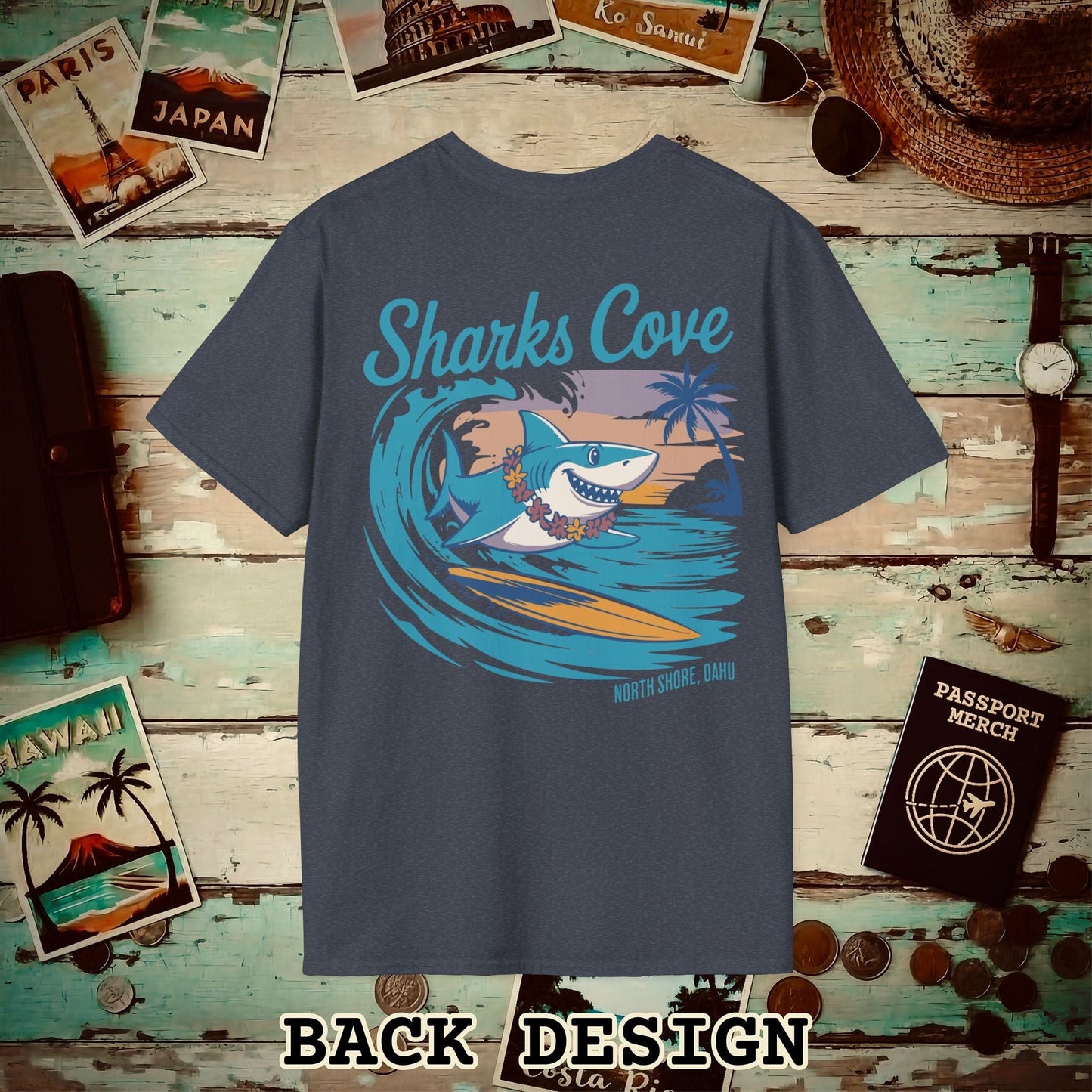 Sharks Cove Oahu, Hawaii, Back Print T-Shirt Heather Navy / S