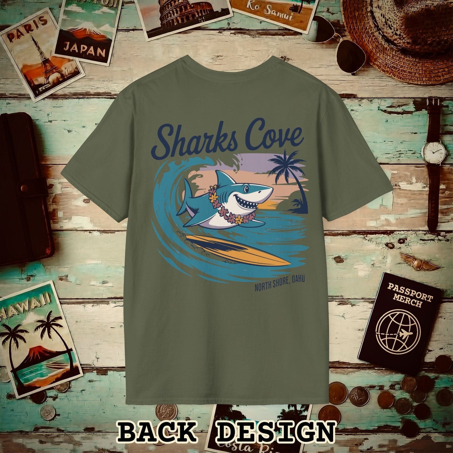 Sharks Cove Oahu, Hawaii, Back Print T-Shirt Military Green / S