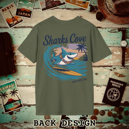 Sharks Cove Oahu, Hawaii, Back Print T-Shirt Military Green / S
