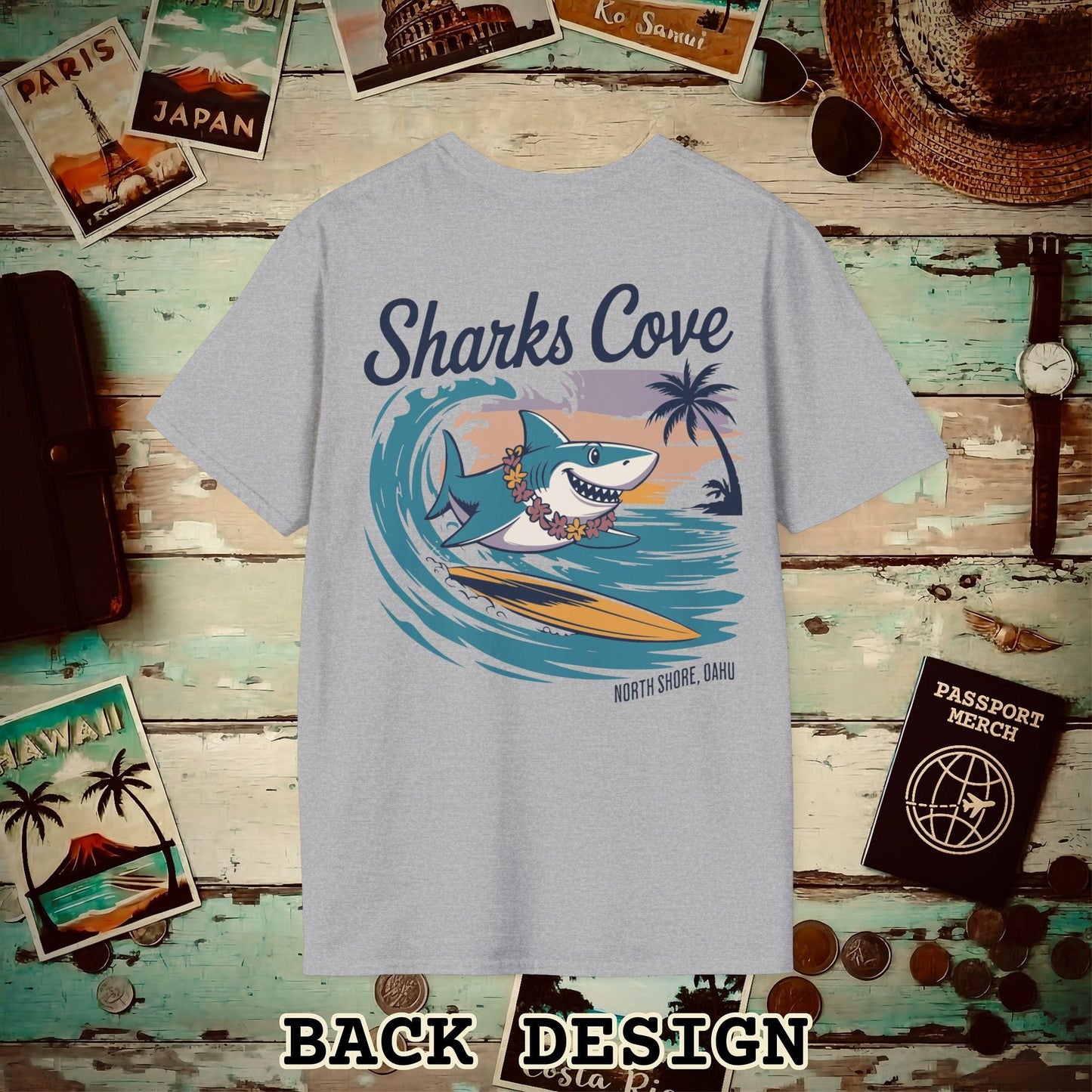 Sharks Cove Oahu, Hawaii, Back Print T-Shirt Sport Grey / S