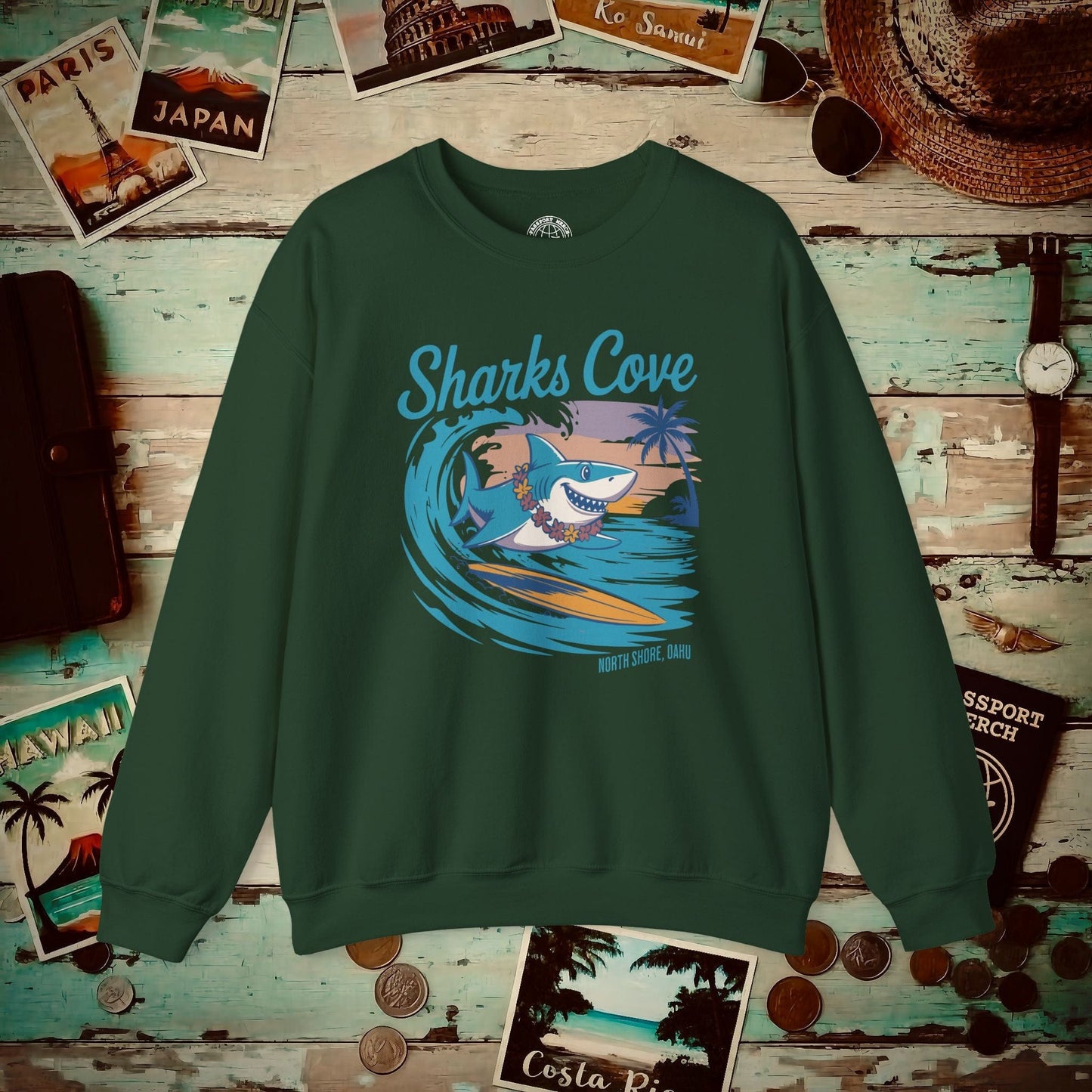 Sharks Cove Oahu, Hawaii Crewneck Forest Green / S