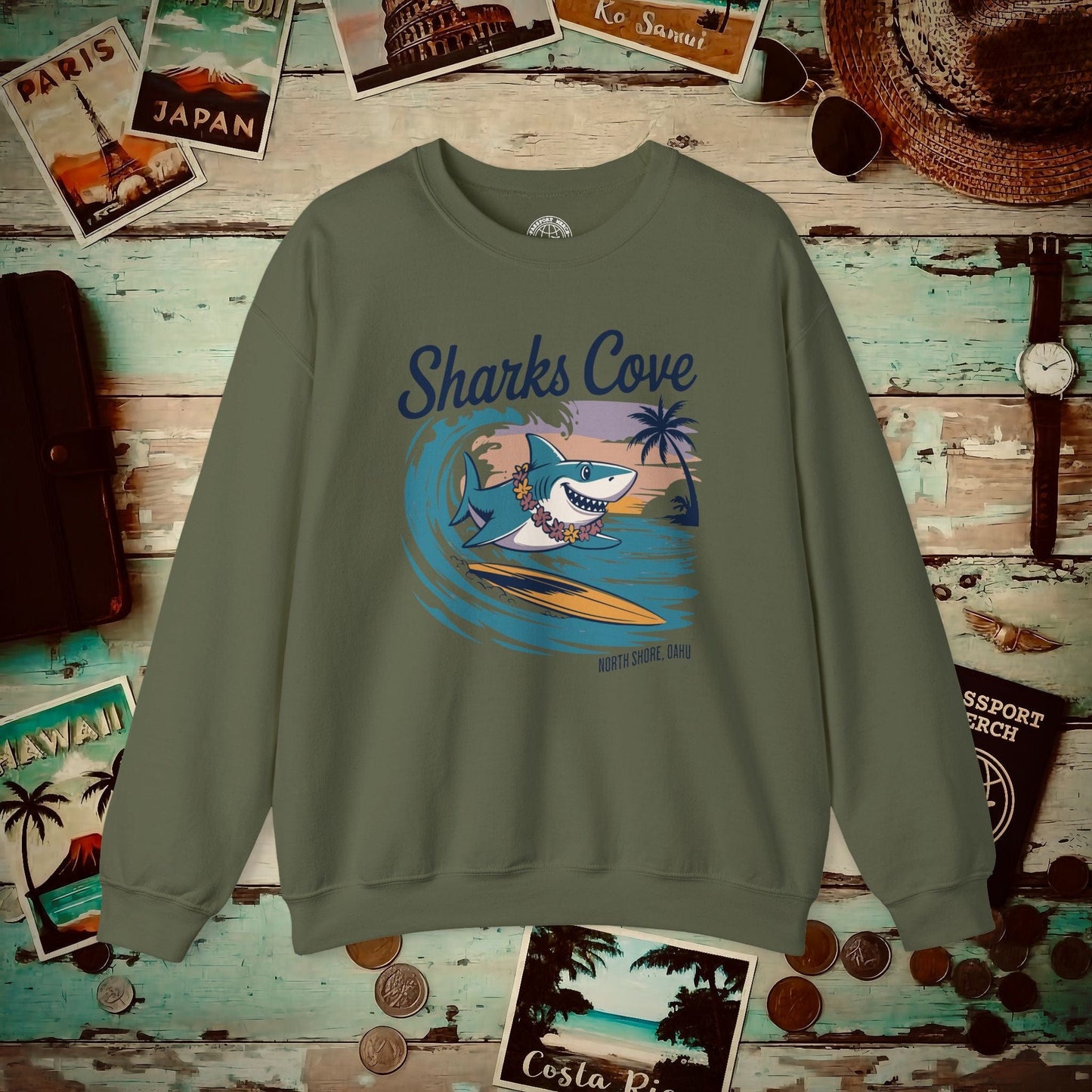 Sharks Cove Oahu, Hawaii Crewneck Military Green / S