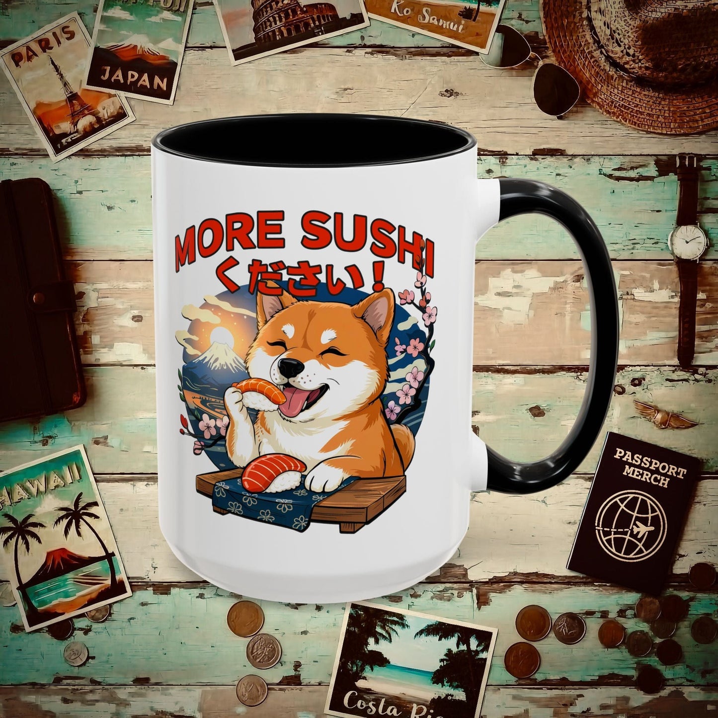 Shiba Inu, More Sushi Please! Japan 15oz Mug Black / 15oz