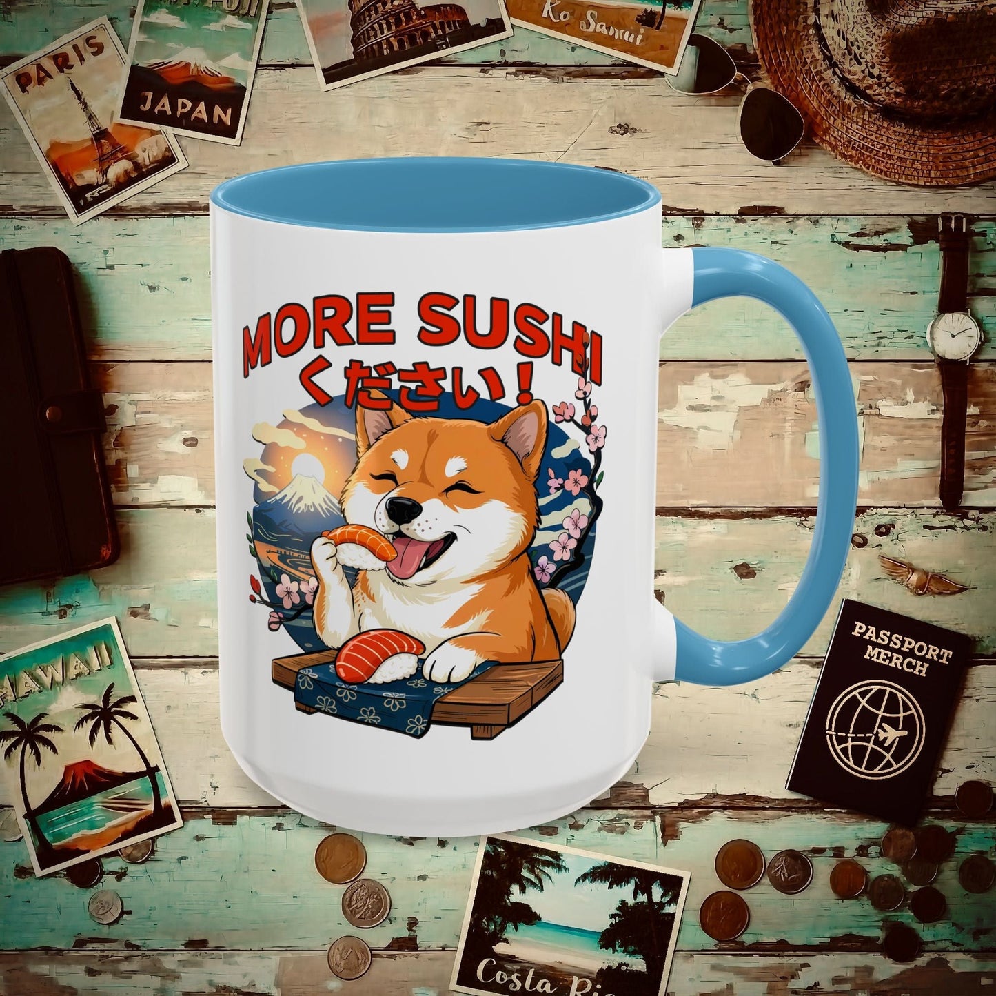Shiba Inu, More Sushi Please! Japan 15oz Mug Light Blue / 15oz