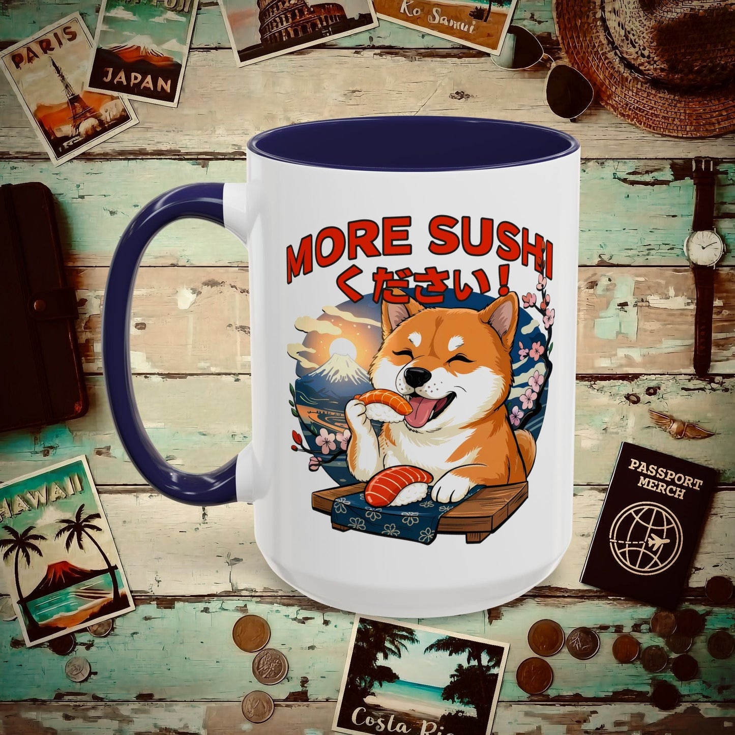 Shiba Inu, More Sushi Please! Japan 15oz Mug Navy / 15oz