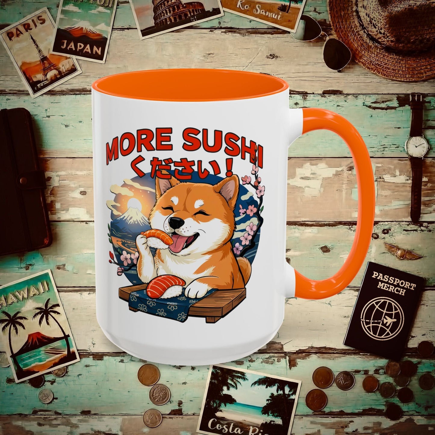 Shiba Inu, More Sushi Please! Japan 15oz Mug Orange / 15oz