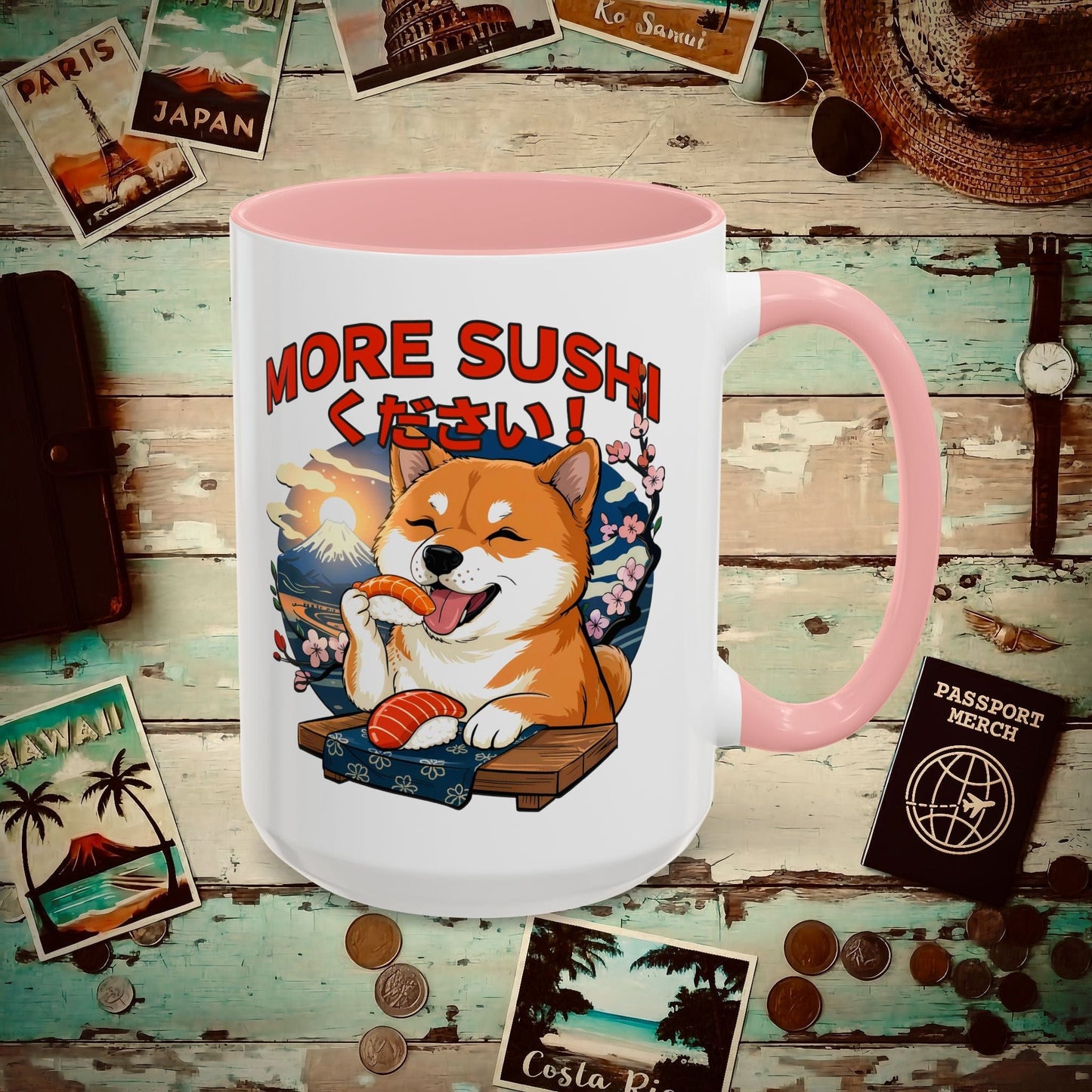 Shiba Inu, More Sushi Please! Japan 15oz Mug Pink / 15oz