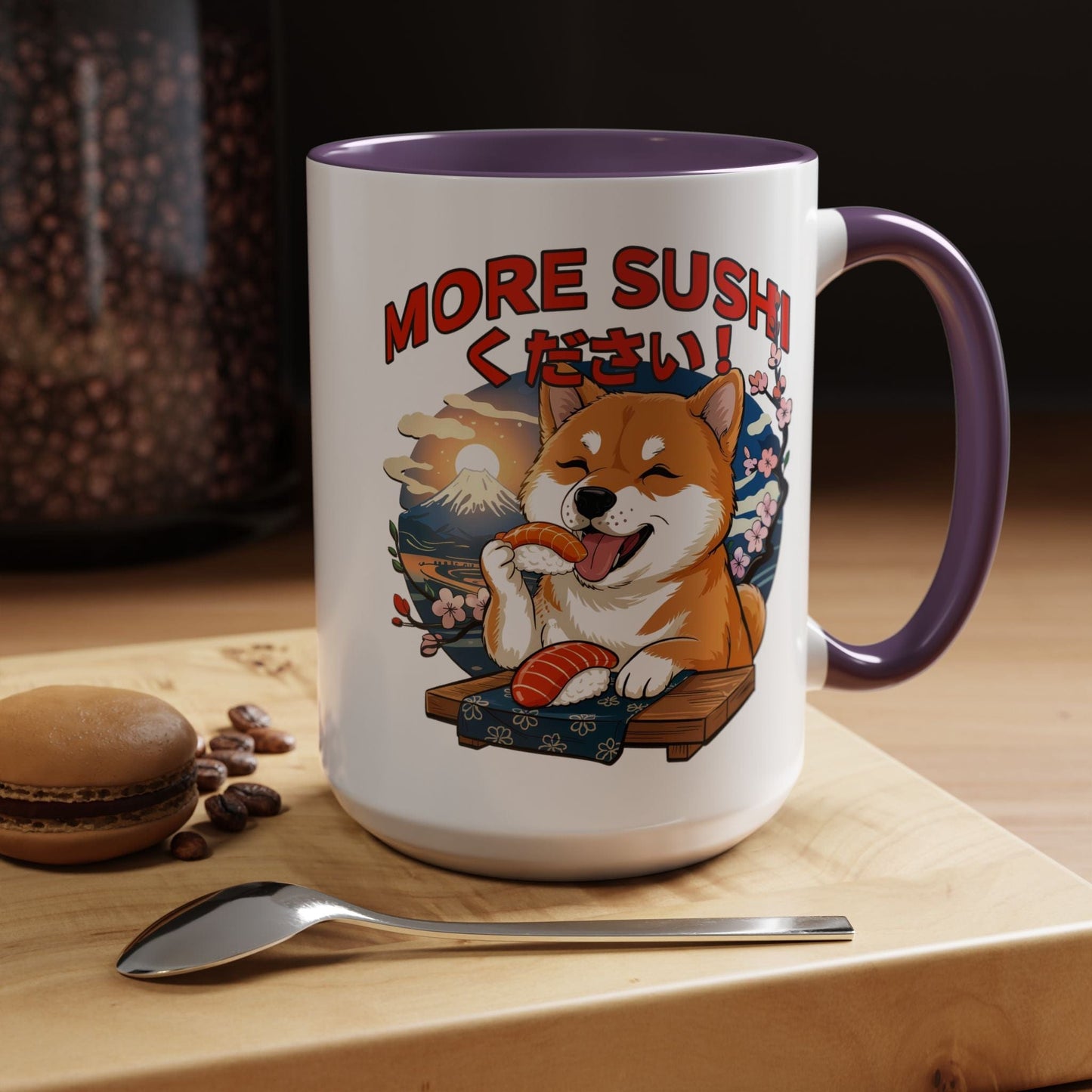 Shiba Inu, More Sushi Please! Japan 15oz Mug Purple / 15oz