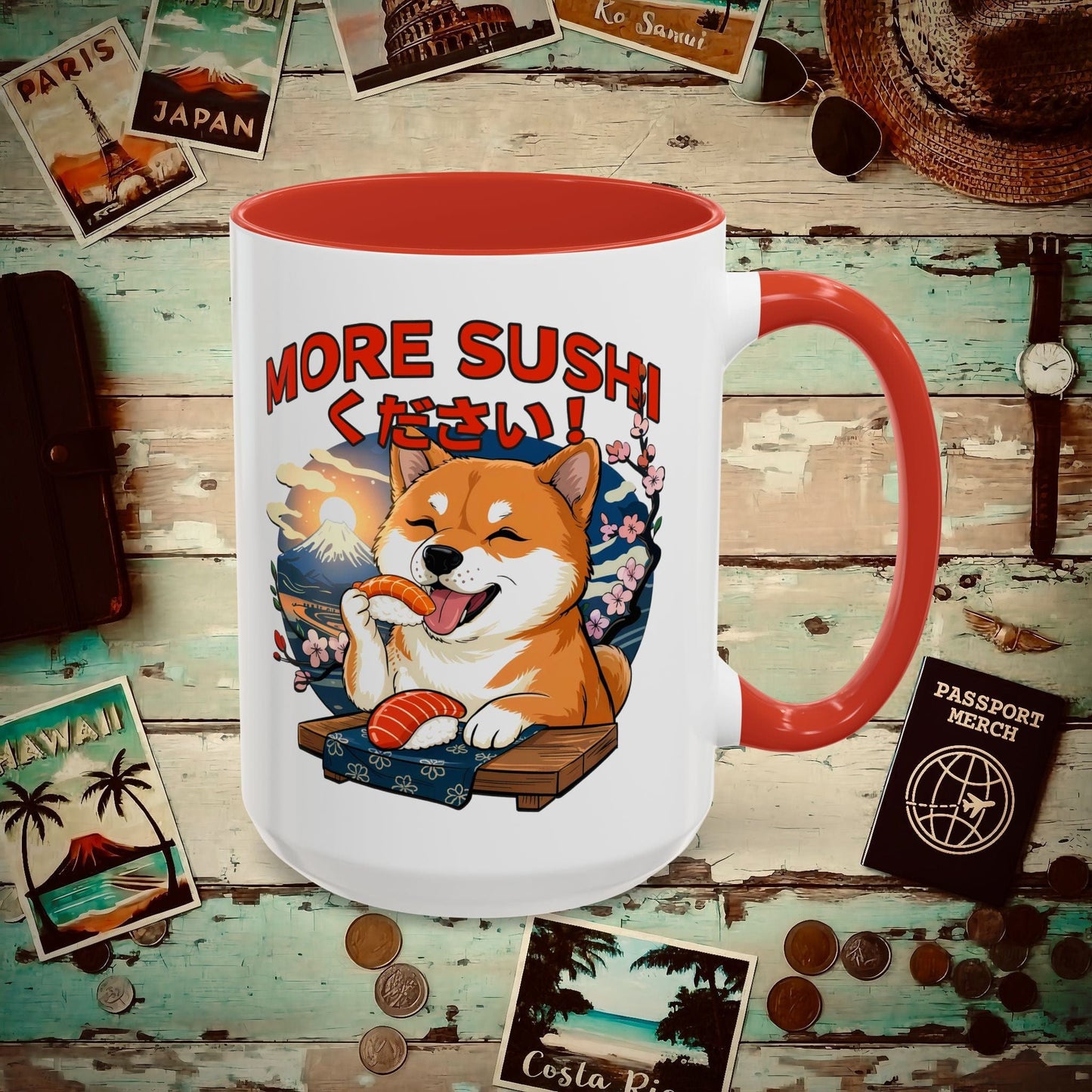Shiba Inu, More Sushi Please! Japan 15oz Mug Red / 15oz