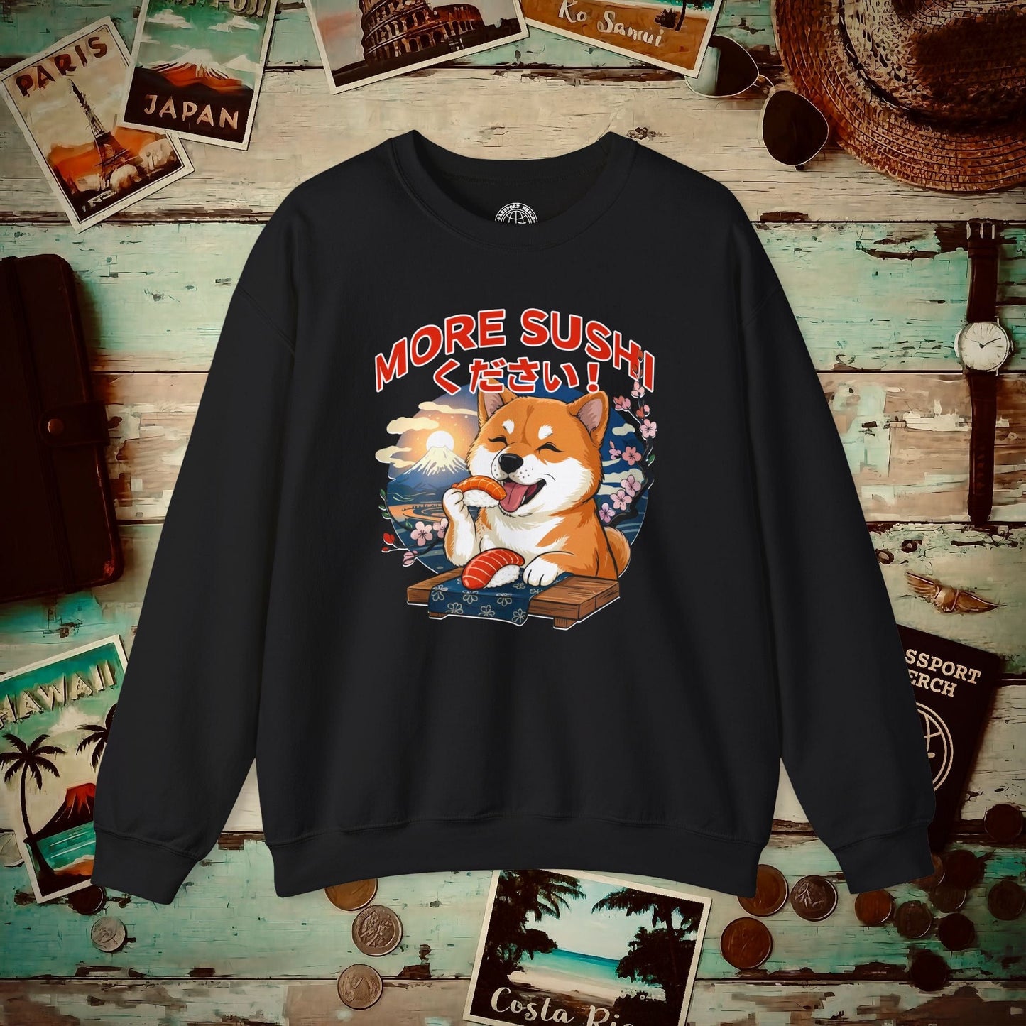 Shiba Inu, More Sushi Please! Japan Crewneck Black / S