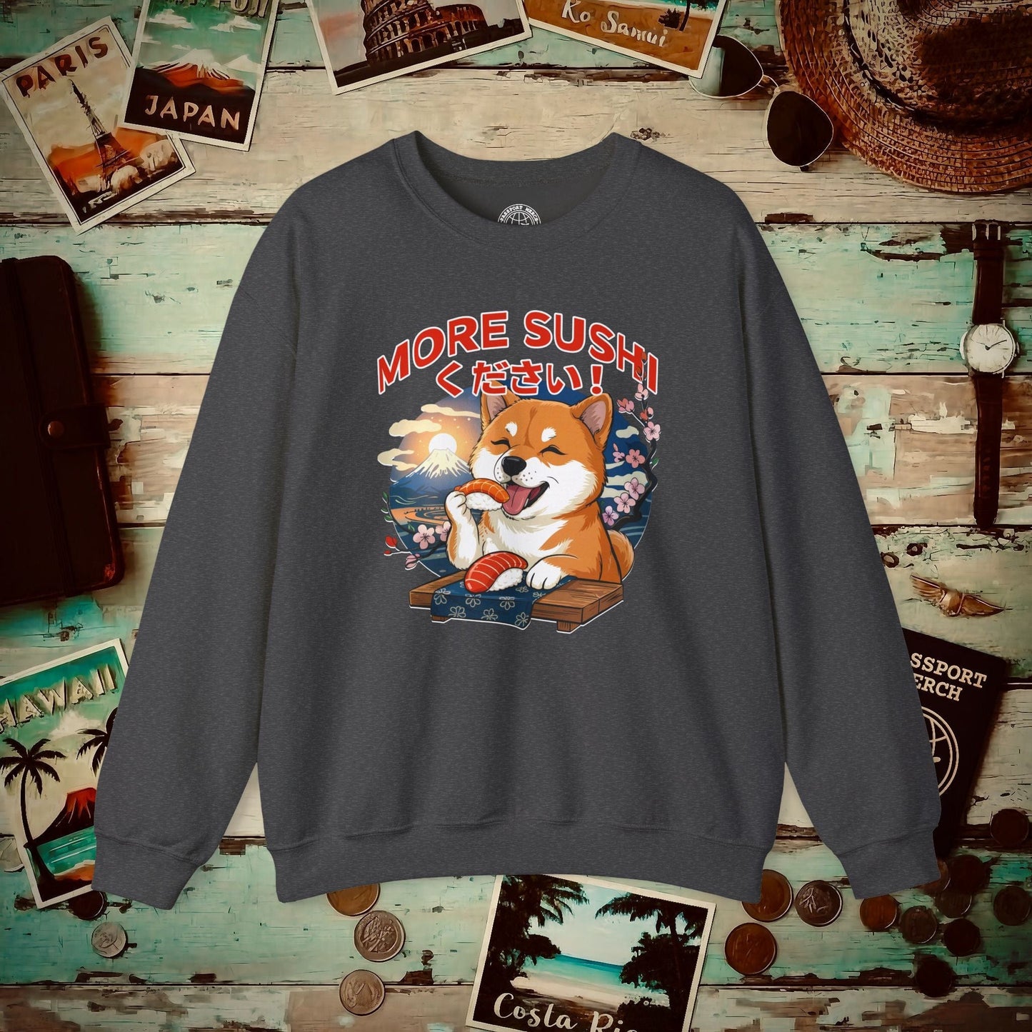 Shiba Inu, More Sushi Please! Japan Crewneck Dark Heather / S