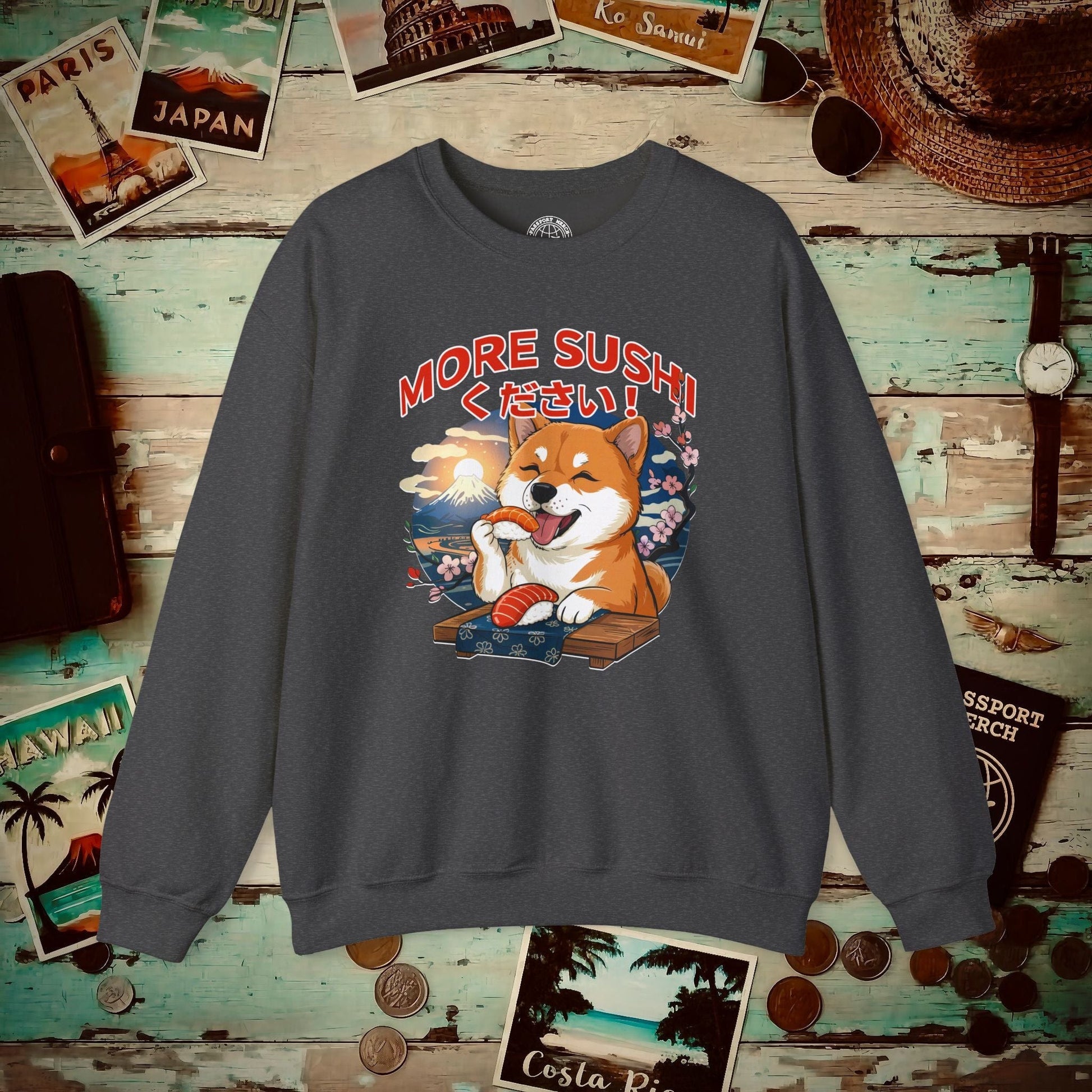 Shiba Inu, More Sushi Please! Japan Crewneck Dark Heather / S