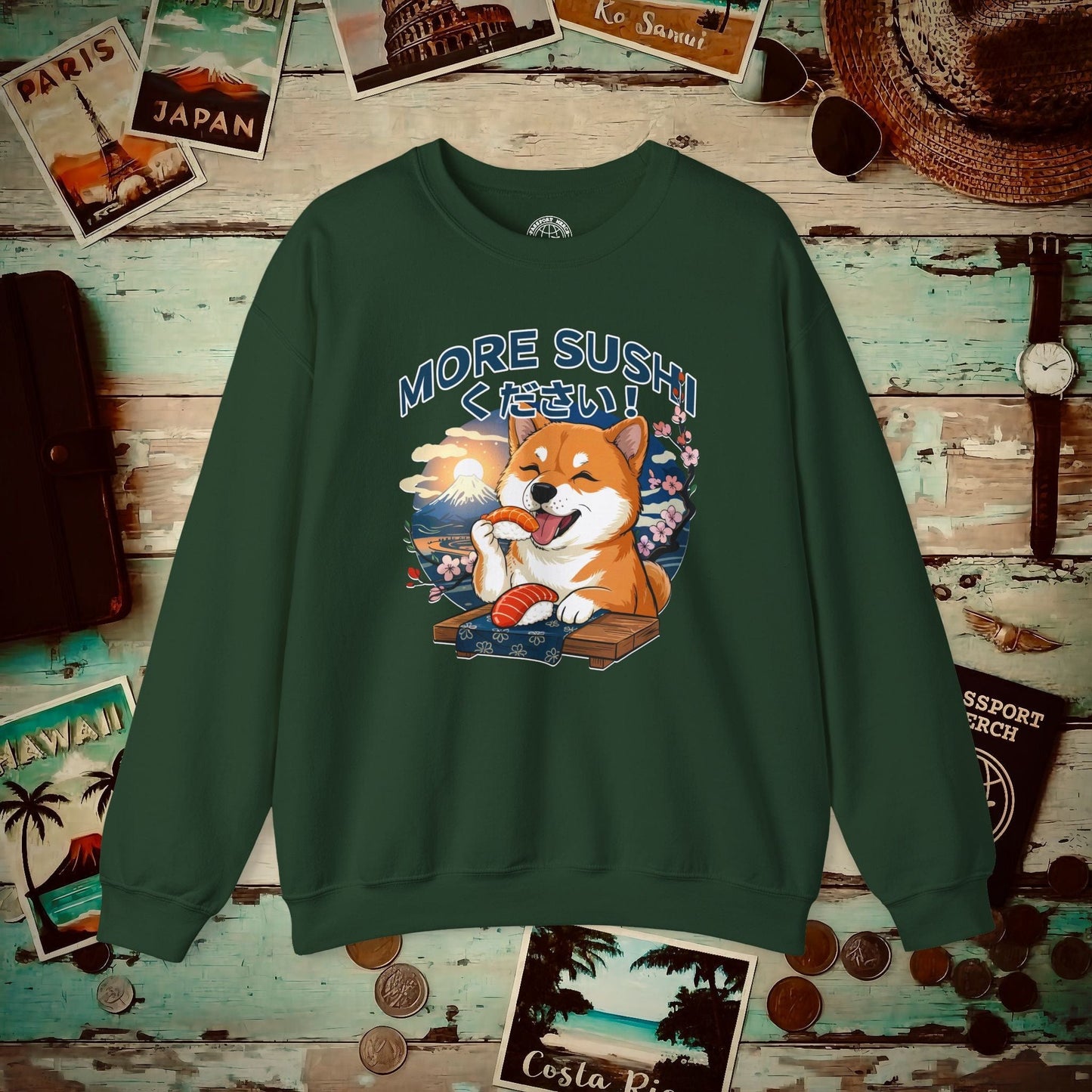 Shiba Inu, More Sushi Please! Japan Crewneck Forest Green / S
