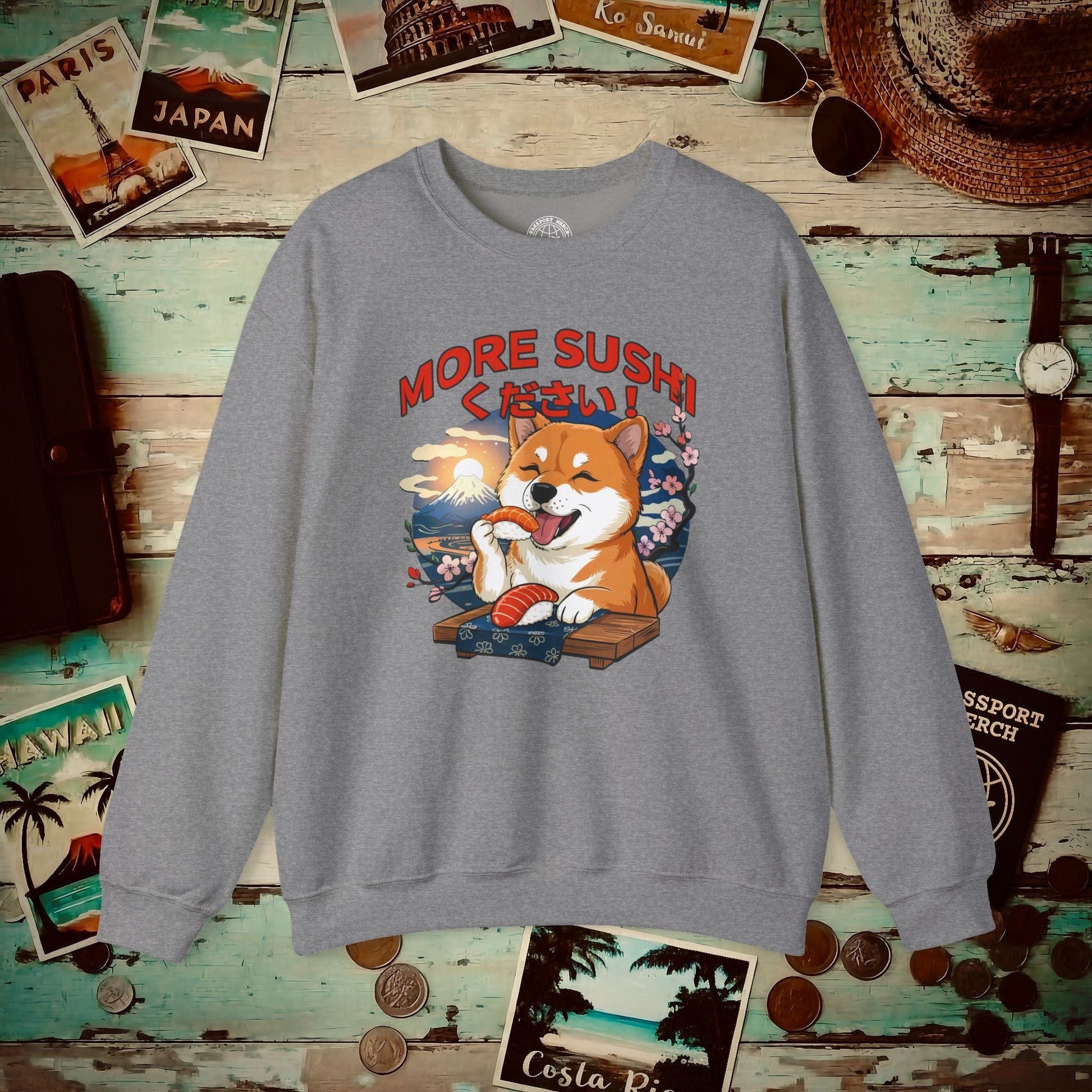 Shiba Inu, More Sushi Please! Japan Crewneck Graphite Heather / S