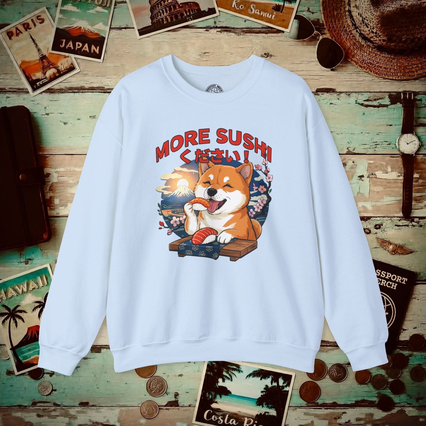 Shiba Inu, More Sushi Please! Japan Crewneck Light Blue / S