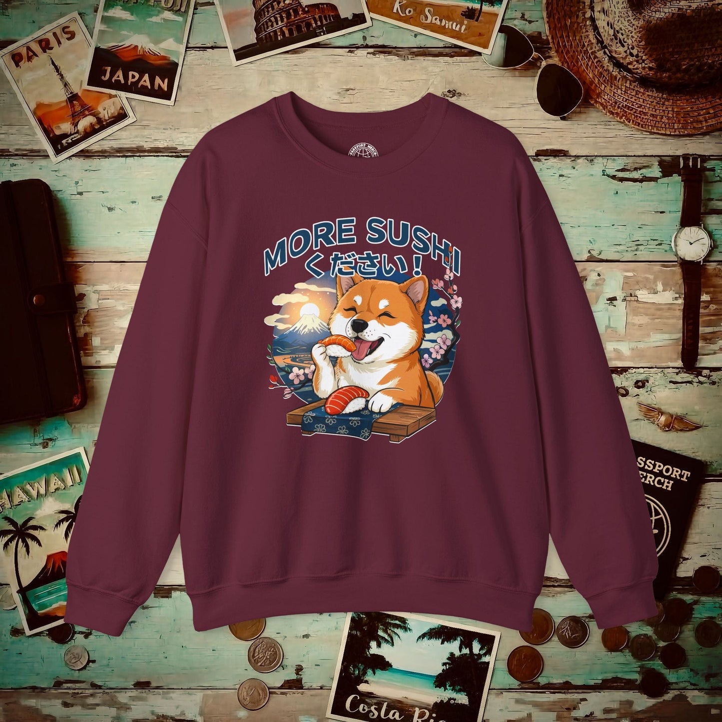 Shiba Inu, More Sushi Please! Japan Crewneck Maroon / S