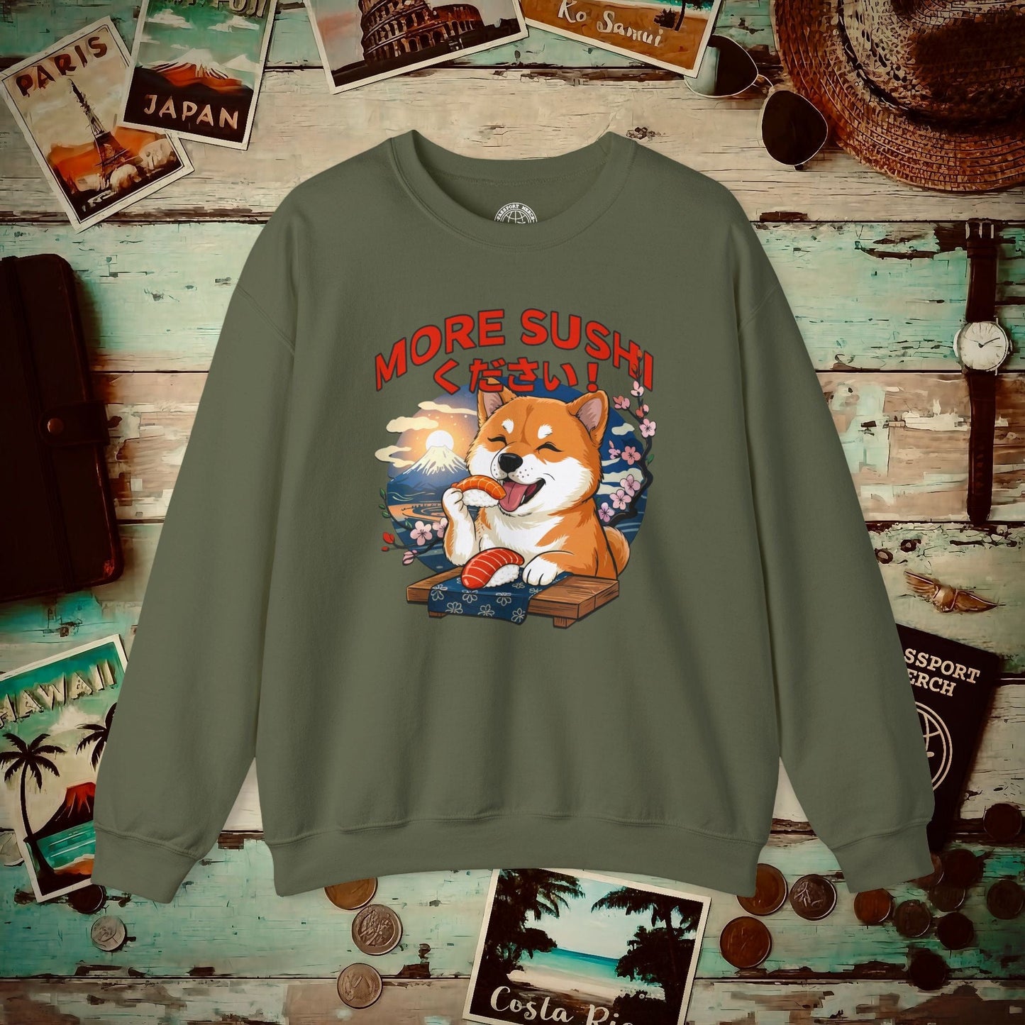Shiba Inu, More Sushi Please! Japan Crewneck Military Green / S