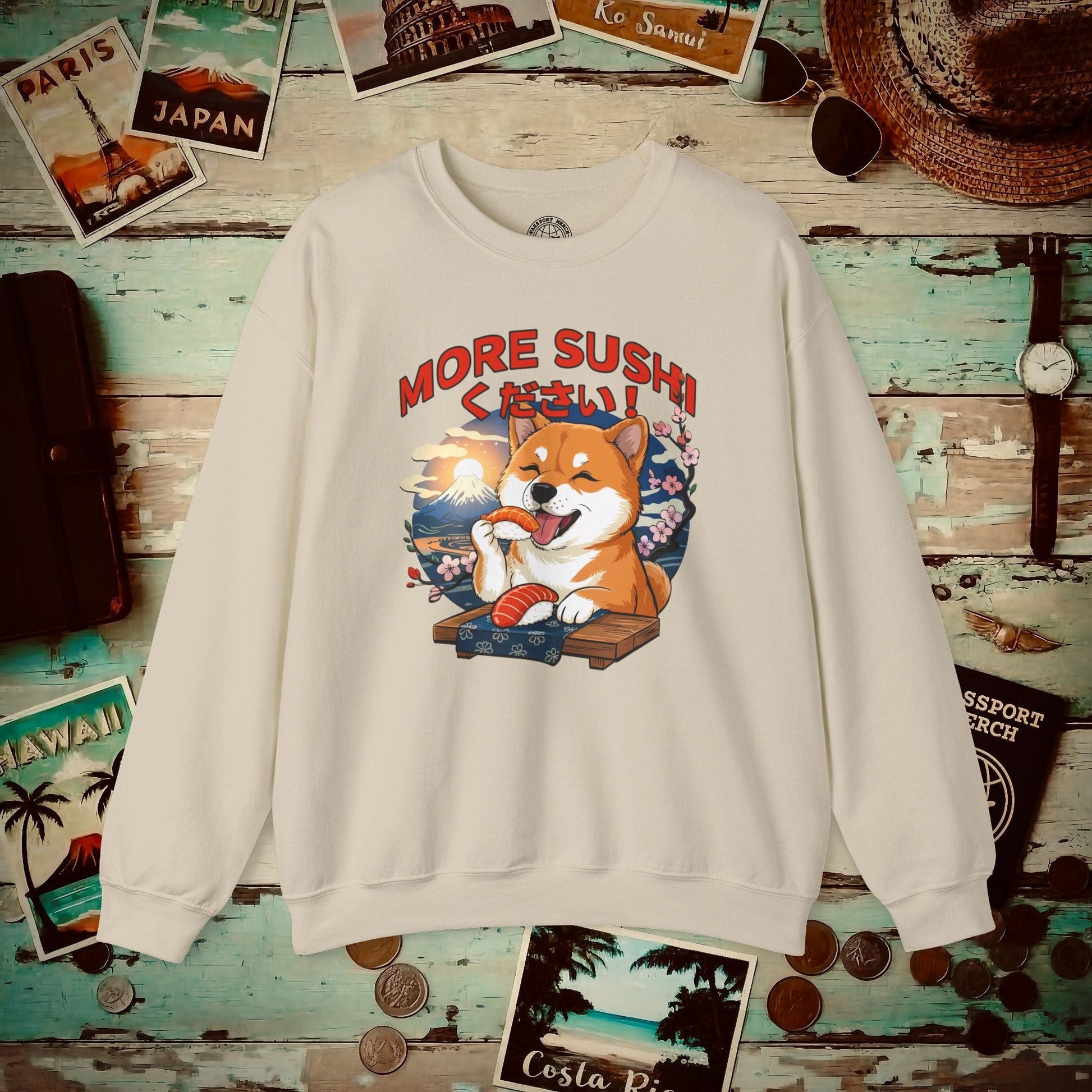 Shiba Inu, More Sushi Please! Japan Crewneck Sand / S