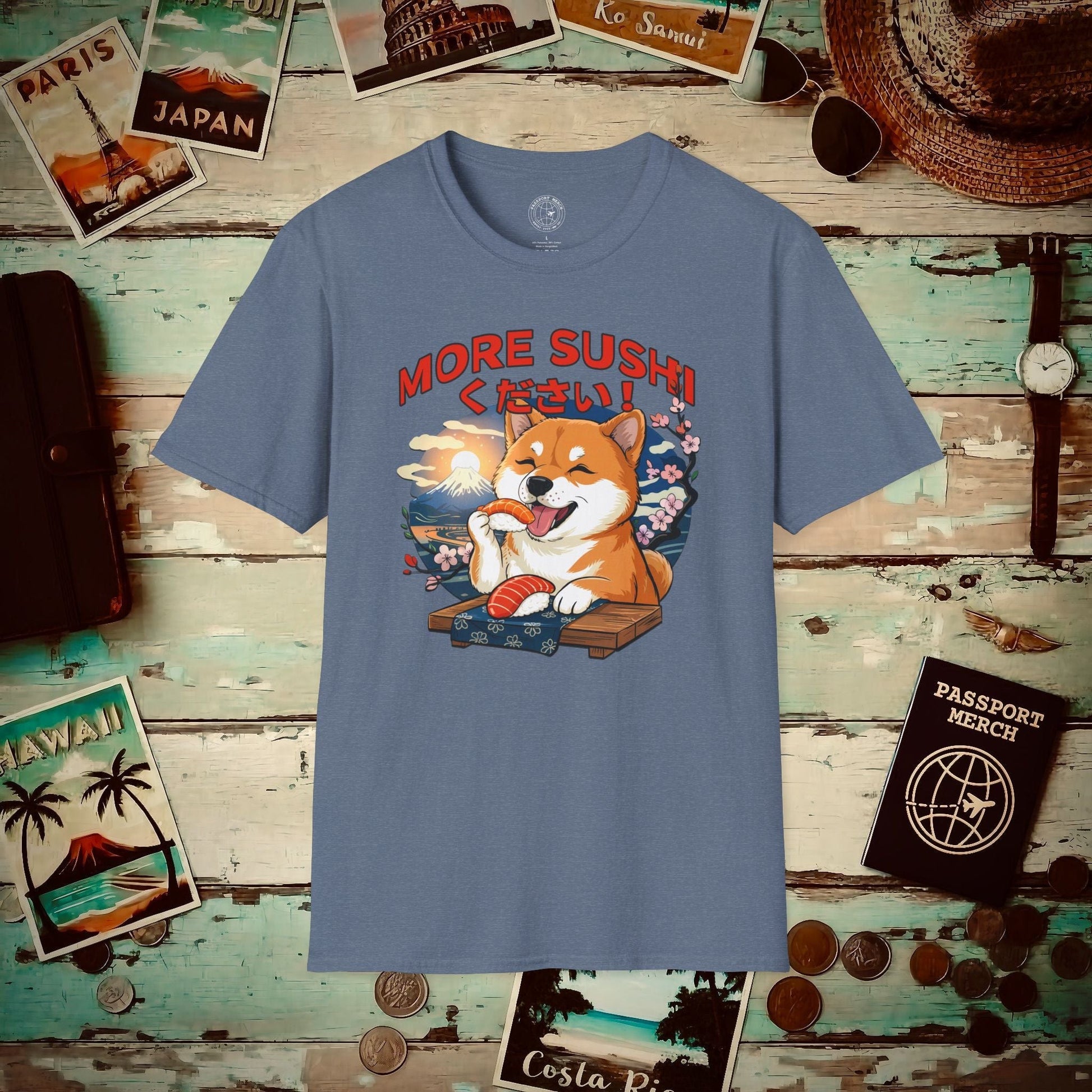 Shiba Inu, More Sushi Please! Japan T-Shirt Heather Indigo / S