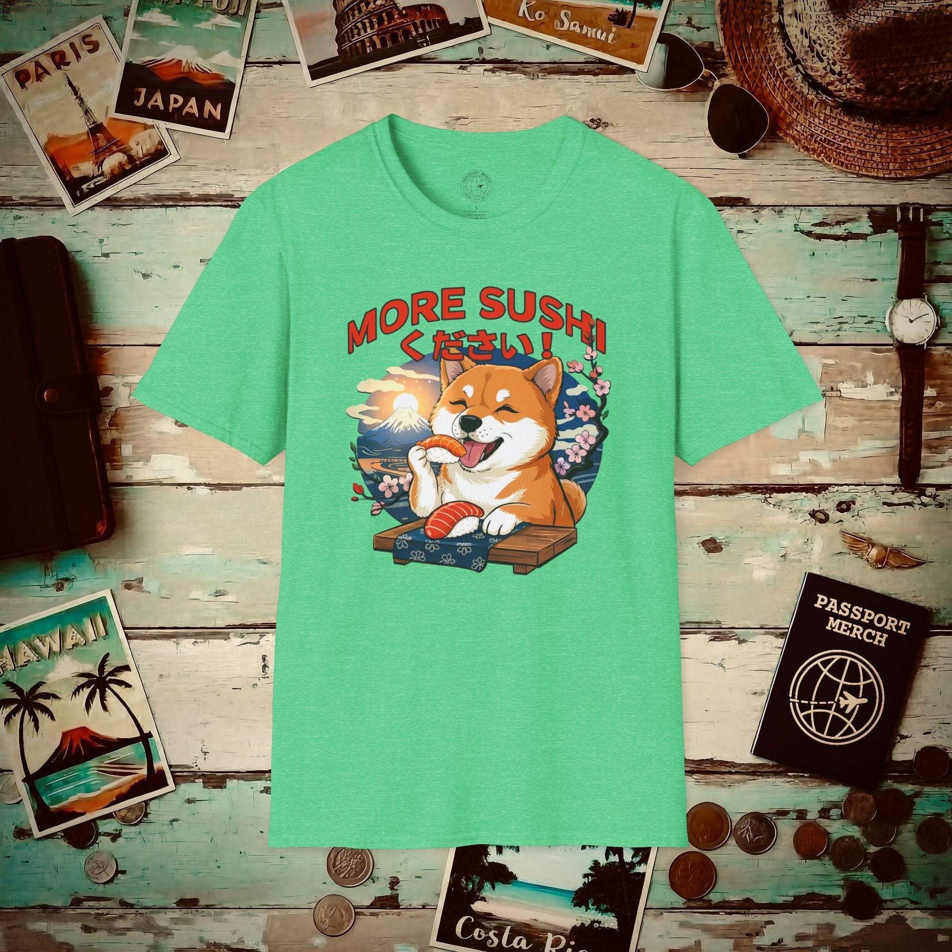 Shiba Inu, More Sushi Please! Japan T-Shirt Heather Irish Green / S