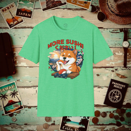 Shiba Inu, More Sushi Please! Japan T-Shirt Heather Irish Green / S