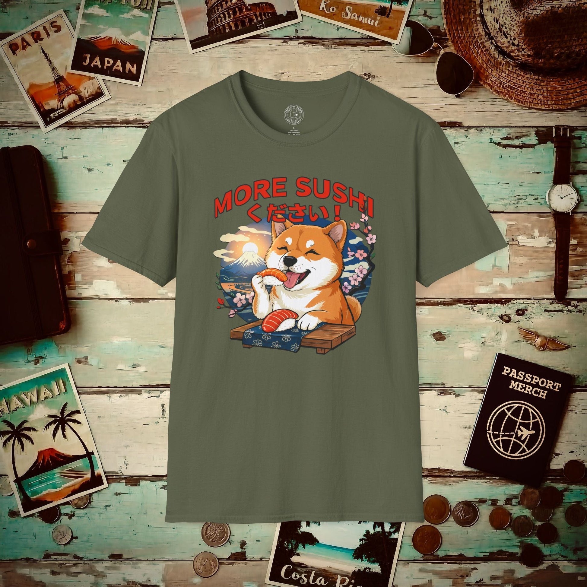 Shiba Inu, More Sushi Please! Japan T-Shirt Military Green / S