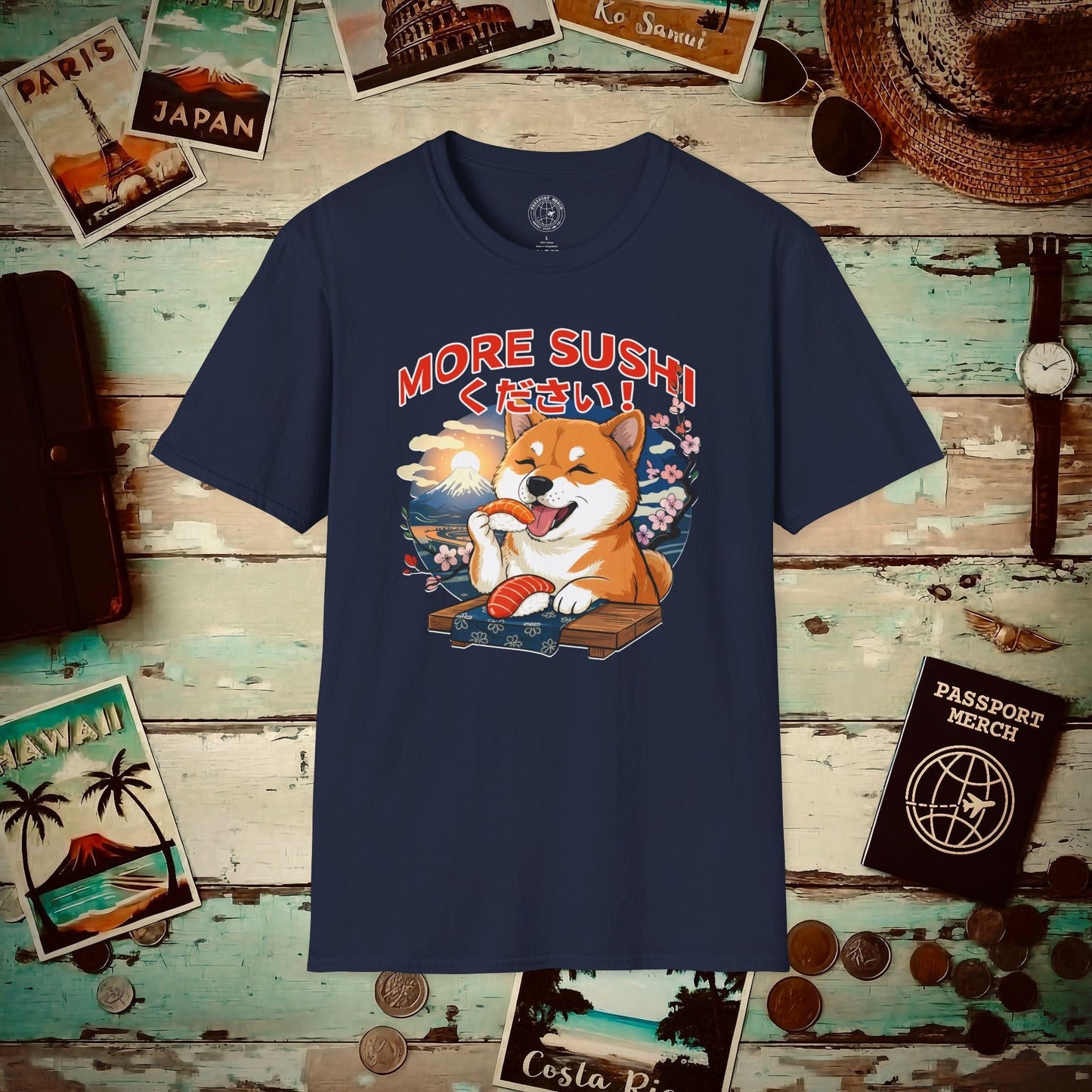Shiba Inu, More Sushi Please! Japan T-Shirt Navy / S