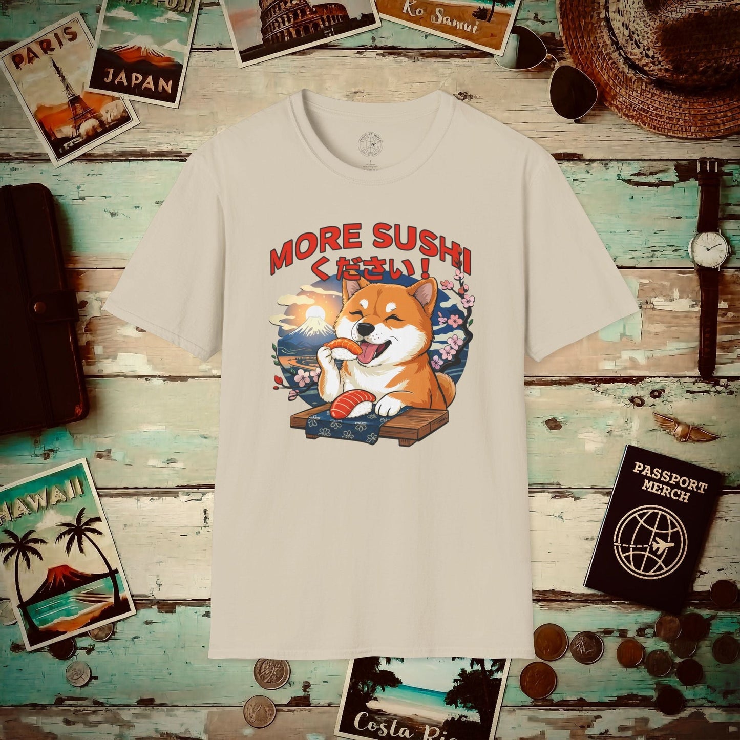 Shiba Inu, More Sushi Please! Japan T-Shirt Sand / S