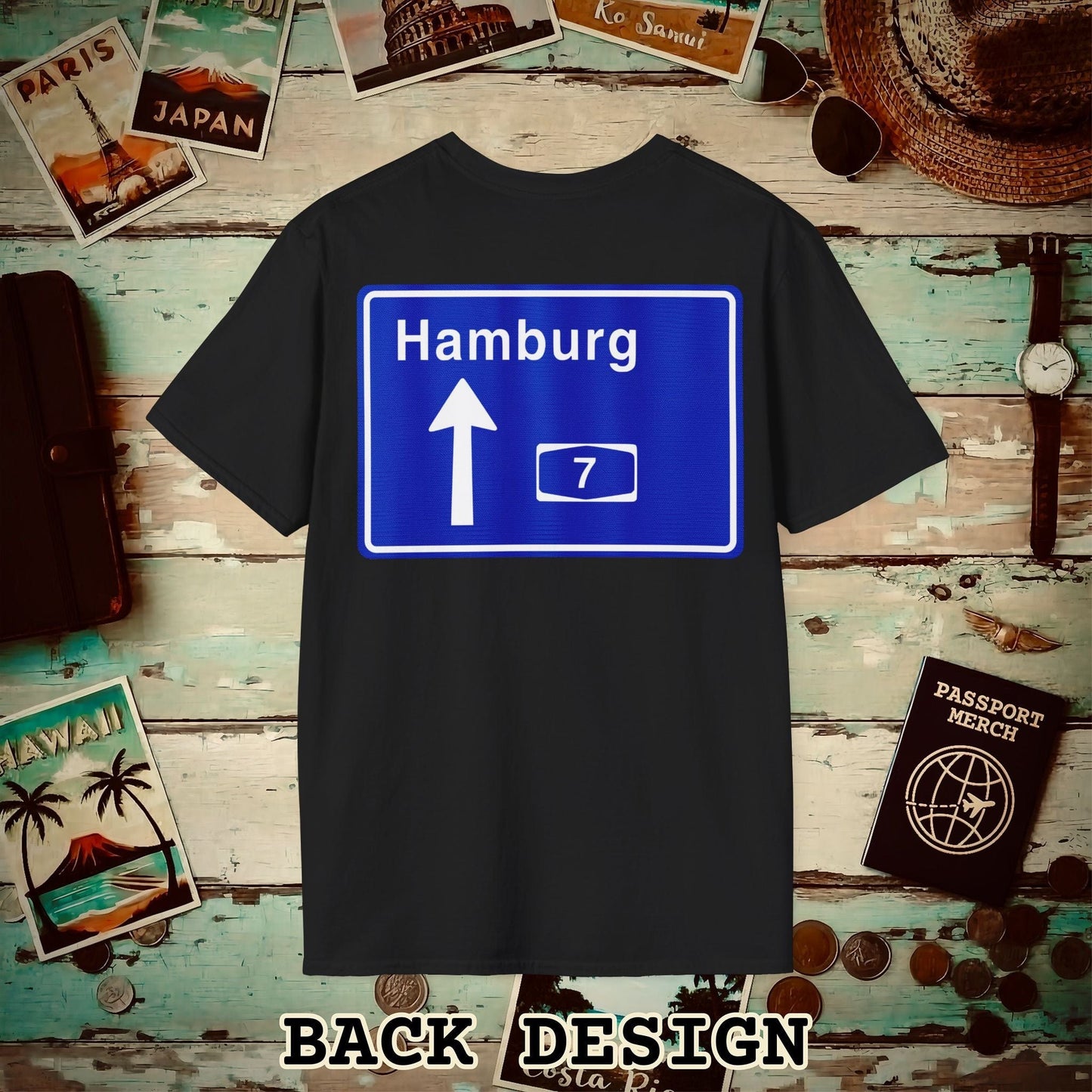 Signs of Wanderlust, Autobahn A7, Hamburg, Germany Back Print T-Shirt Black / S