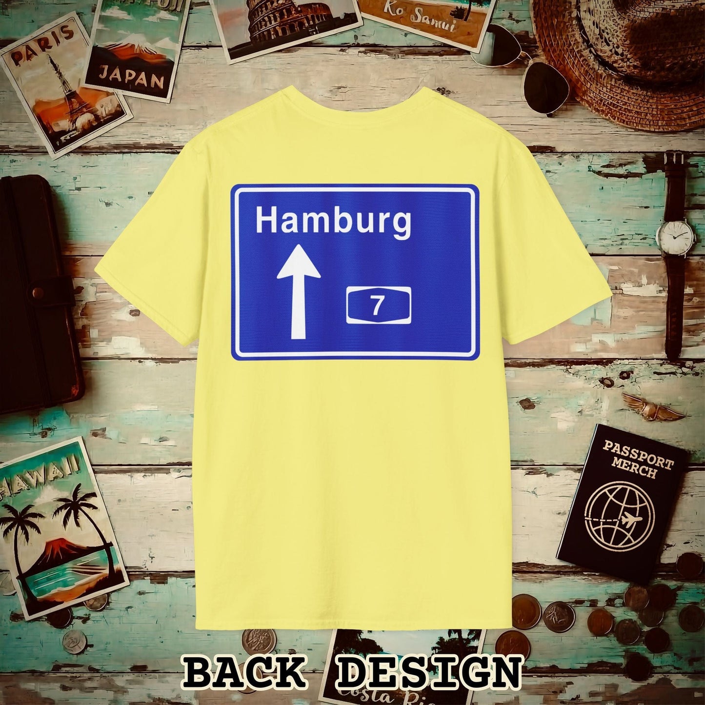 Signs of Wanderlust, Autobahn A7, Hamburg, Germany Back Print T-Shirt Cornsilk / S