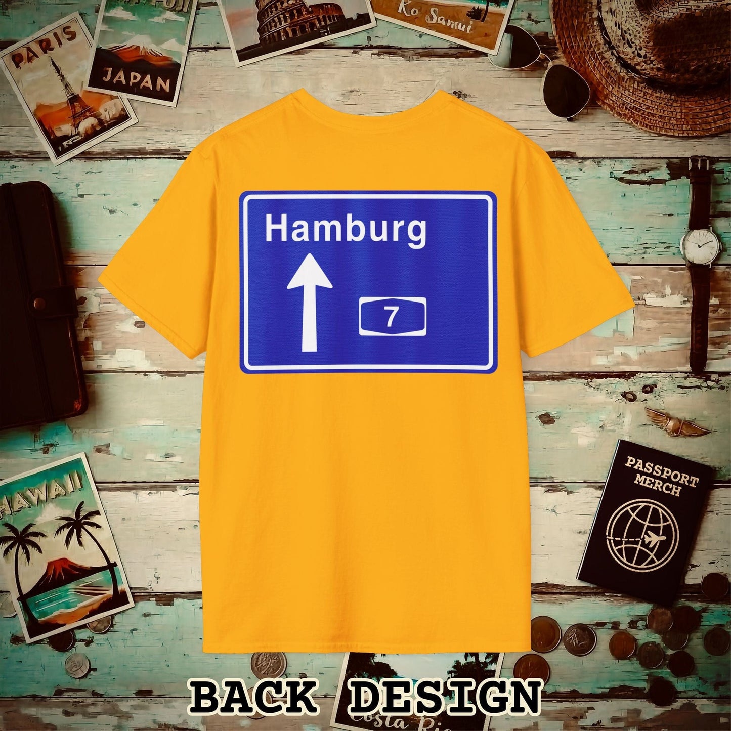 Signs of Wanderlust, Autobahn A7, Hamburg, Germany Back Print T-Shirt Gold / S
