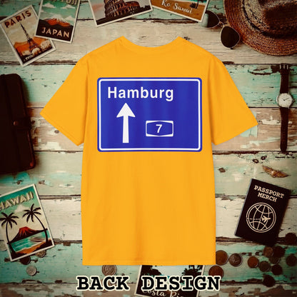 Signs of Wanderlust, Autobahn A7, Hamburg, Germany Back Print T-Shirt Gold / S