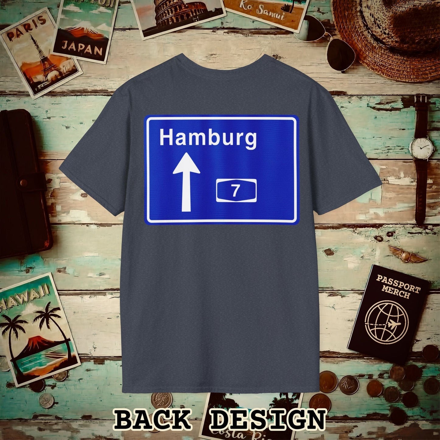 Signs of Wanderlust, Autobahn A7, Hamburg, Germany Back Print T-Shirt Heather Navy / S